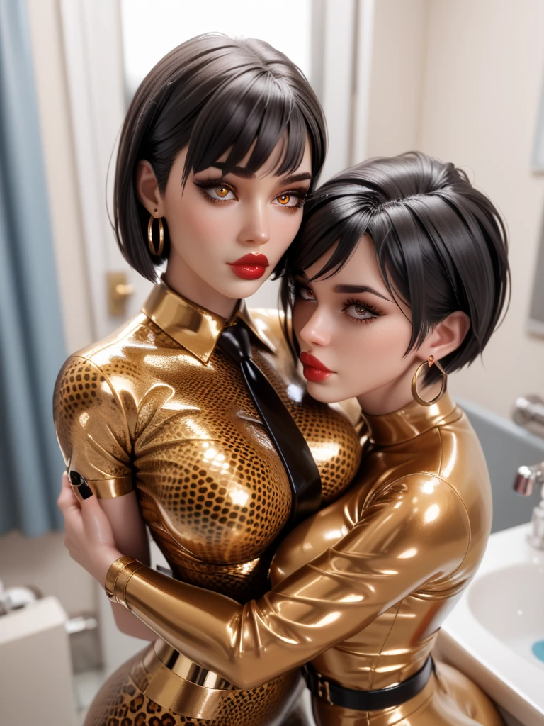 female, brown hair, blunt bangs, ponytail, (big smile:1.6), eyeshadow, lipstick, (skintight battlesuit:1.5), looking at viewer, side view, dark bedroom, rim lighting, detailed skin, detailed eyes