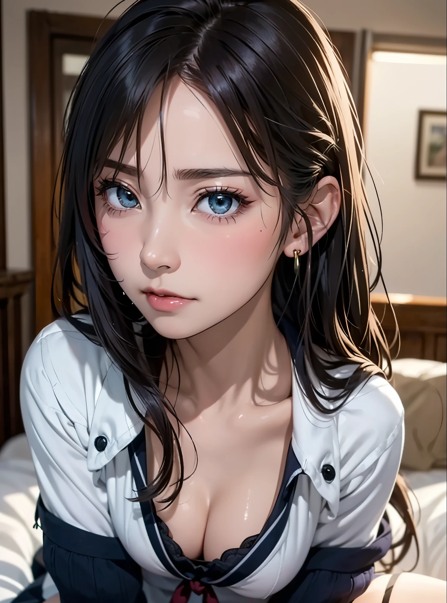 (masutepiece: 1.3), (max resolution: 1.2), (Ultra HDTV: 1.2), cinematric light, 8K resolution, Detailed eyes and skin, detailed facial features, , (Sharp Focus: 1.2), (Focus on Face:1.2),Perfect Style, Beautiful face, acurate, Anatomically correct, ノ Highly detailed facial and skin texture, Detailed eyes, Double eyelids, Thin eyebrows, glitter eyeliner: 1 Natural cheeks, Glossy skin, Fair skin: 1.2, (Glossy lips: 1.4),、 (Shy look: 1.2),Highly detailed facial and skin texture, Detailed eyes, Double eyelids, Natural cheeks, , shiny lips: 1.4,Exposed cleavage、Sperm taken、Overflowing sperm、Flowing sperm、 red blush、humiliated、impatience、dismay、Frightened、glares、Sexually arousal、Provocation、embarrassed from、Open knees、open one's legs、 White underwear、White bra、Shiny little earrings and necklaces、Disheveled clothes、Dressing、Exposed panties、Wearing sweat、sodden、Sheer underwear、Stockings、 18 instars, Neat and clean woman,1 persons、 upturned breasts, Bedroom、sitting on a bed、deep in the night、sexy pose、a blond、Blue ash eyes、Green ash eye,(Girls' High School Uniform:1.3)、Glares facial expression、full of sweat、
