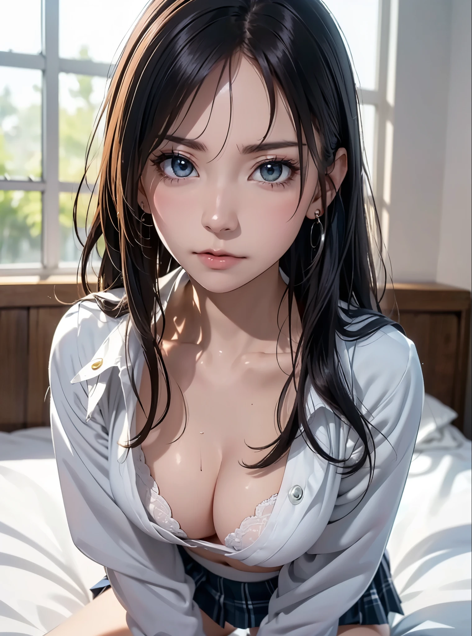 (masutepiece: 1.3), (max resolution: 1.2), (Ultra HDTV: 1.2), cinematric light, 8K resolution, Detailed eyes and skin, detailed facial features, , (Sharp Focus: 1.2), (Focus on Face:1.2),Perfect Style, Beautiful face, acurate, Anatomically correct, ノ Highly detailed facial and skin texture, Detailed eyes, Double eyelids, Thin eyebrows, glitter eyeliner: 1 Natural cheeks, Glossy skin, Fair skin: 1.2, (Glossy lips: 1.4),、 (Shy look: 1.2),Highly detailed facial and skin texture, Detailed eyes, Double eyelids, Natural cheeks, , shiny lips: 1.4,Exposed cleavage、Sperm taken、Overflowing sperm、Flowing sperm、 red blush、humiliated、impatience、dismay、Frightened、glares、Sexually arousal、Provocation、embarrassed from、Open knees、open one's legs、 White underwear、White bra、Shiny little earrings and necklaces、Disheveled clothes、Dressing、Exposed panties、Wearing sweat、sodden、Sheer underwear、Stockings、 18 instars, Neat and clean woman,1 persons、 upturned breasts, Bedroom、sitting on a bed、deep in the night、sexy pose、a blond、Blue ash eyes、Green ash eye,(Girls' High School Uniform:1.3)、Glares facial expression、full of sweat、