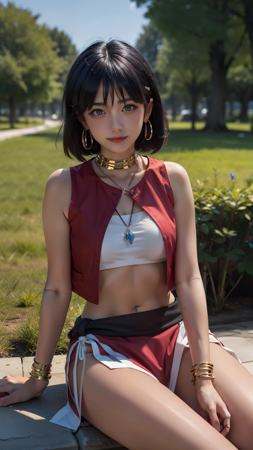 (masterpiece, highest quality:1.1), ((1 girl)), alone, official art, extremely detailed CG unity 8k wallpaper, highly detailed, shiny skin, Depth of field, vivid color,
red vest, jewelry, BREAK, white tube top, BREAK, red loincloth, blush, public, embarrassed, sitting, nature, nadia, BREAK, (((sunbeam))), (((blue sky))), ((midday))