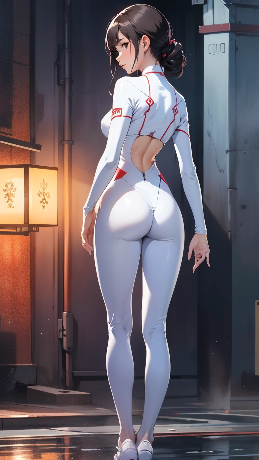 there is a woman in a white outfit with a gun in her hand, thicc, photorealistic perfect body, realistic shaded perfect body, smooth digital concept art, oppai cyberpunk, cyberpunk 2 0 y. o model girl, perfectly shaded body, shapely derriere, in white futuristic armor, toned derriere, character is in her natural pose