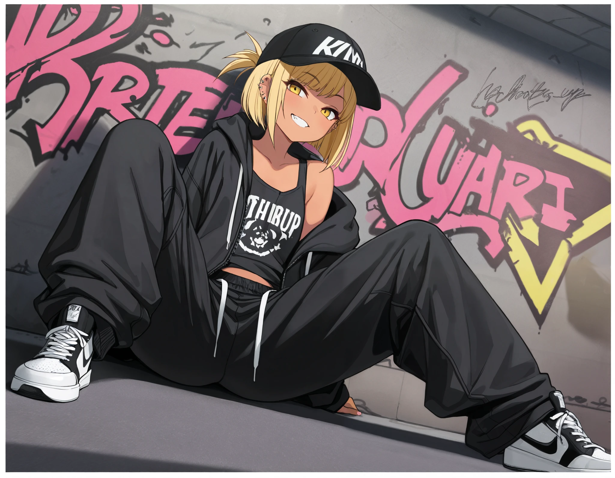 (best quality, highest quality:1.2), masterpiece, top quality, ultra high definition, rich contrasts, HD,8k, High Definition CG Unit Wallpaper, texture , Unbelievably Absurd, ultra high definition, RAW photos ,Deep border 1 .2, very detailed, back alley, ceiling, Sitting one's knees up, spread legs, Leaning against a graffiti wall, dutch angle,
bimbo, cute, streetwear, ((oversized Lower pants, street style, sneakers)), There are many piercings, street cap, put on a off shoulder black open hoodie,
glamorous, grin, fang, yellow eyes, blonde bob hair, tan,
