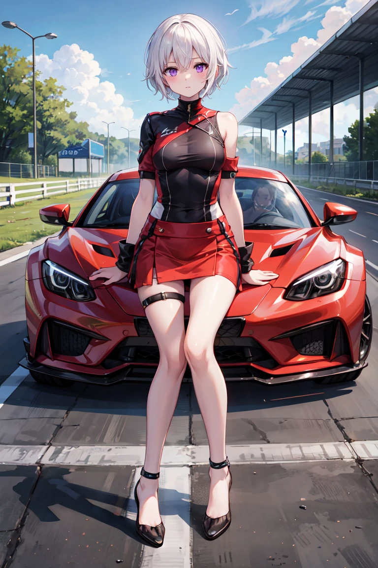 (top-quality、hight resolution、8K、​masterpiece:1.2)。F1Circuit fieldでレースクイーンを撮影している様子。Being photographed by a large audience。（Race spectators 20：I am obsessed with photographing the race queen with my smartphone and SLR camera in hand..。nerdy。News reporter。The average person）、（Race Queen 1：FerrariF40に腰掛ける。Eyes of Hearts。Pink heart symbols dance around your face.。sexy  pose。cleavage of the breast。short-hair。poneyTail。Lustrous skin。Illuminated by strong lighting。unique hair ornaments。a miniskirt。Original Character。Lustrous skin。red blush。Kamimei。disheveled hair。Smiling。shairband）Increase line width。Combining light and shadow。Backgrounds with depth。Circuit field。F1。racer。motorsport。Ferrari。