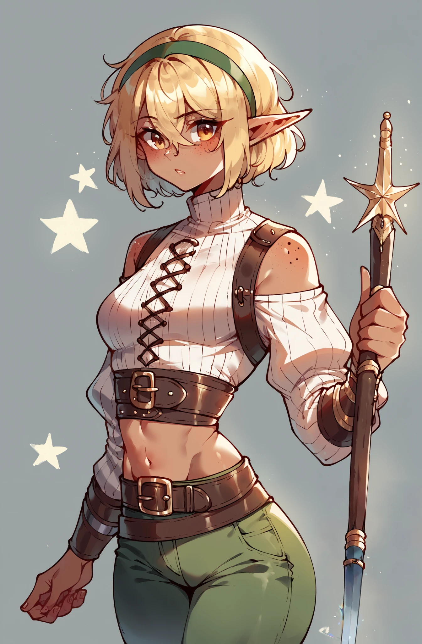 score_9,score_8_ upwards,score_7_ upwards,score_6_ upwards,score_5_ upwards,score_4_ upwards 1girl,One, A blonde girl with short, ruffled light golden hair, Bob haircut, chelka, hair between eyes, amber eyes, short little pointed ears , tanned skin, medieval loose green shirt , light armor , small inconspicuous breasts , skinny and slim , green pants, Leather belt, leather bracelets , holds a glowing blue sword in her hand , elf, freckles, headband, background: gray clouds, размытый background, pink glints of the sun, stars