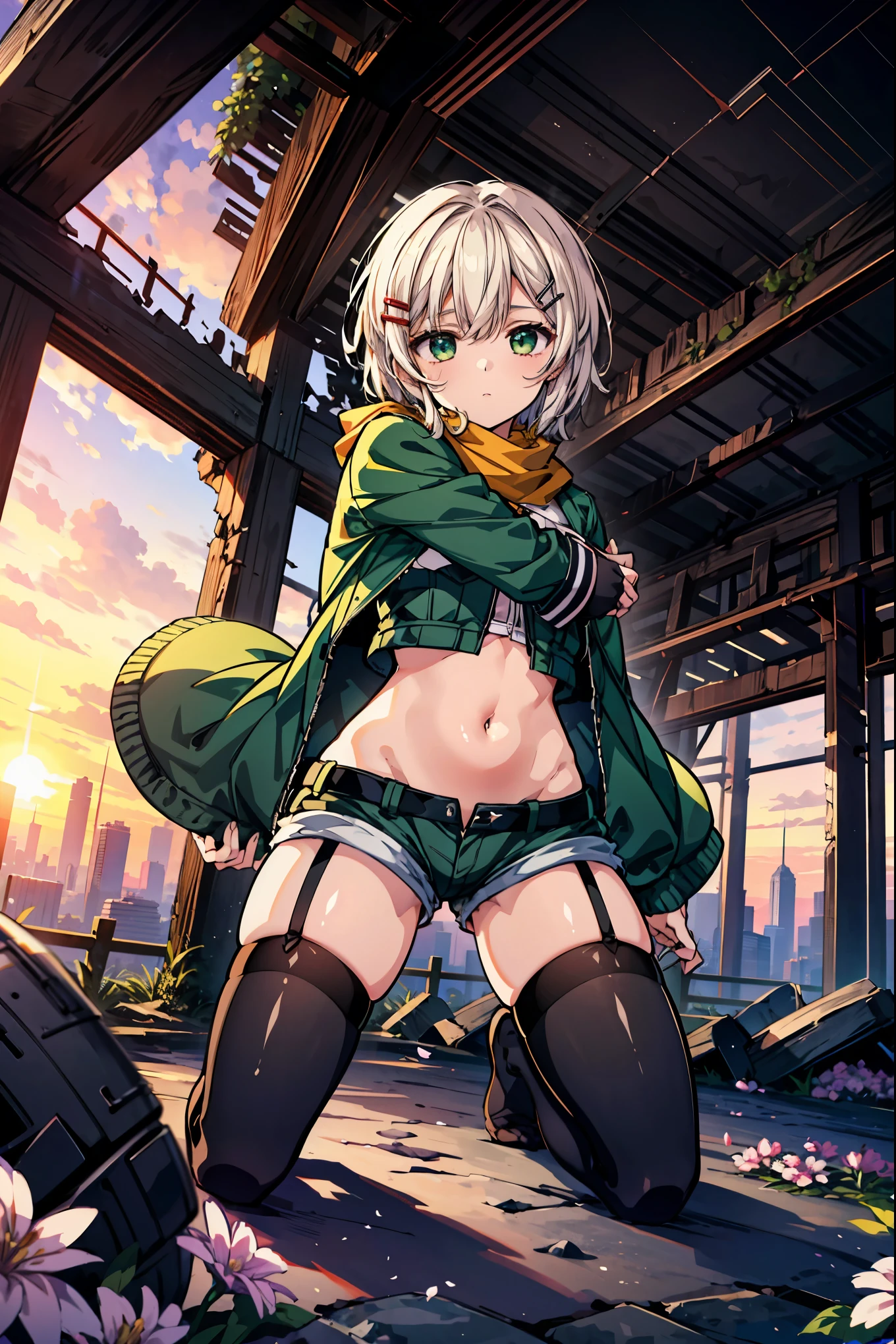 orange eyes light,richly faded light orange hair, anime 1girl, khaki t-shirt, khaki skirt, brown military boots, pouch on the waist belt, khaki bikini, "black tights", "dark_orange knee pad on right leg", night city