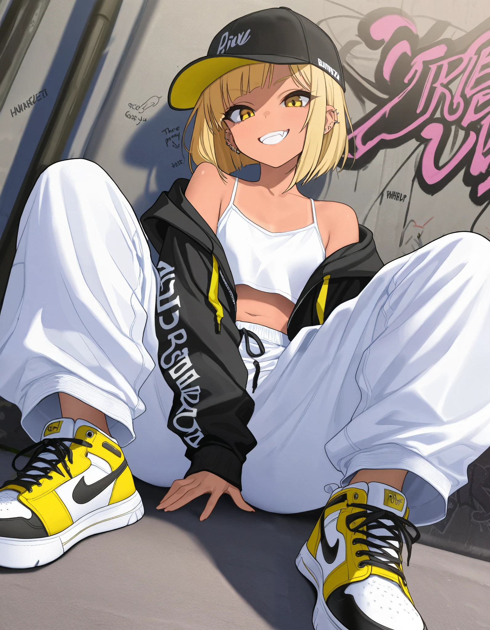 (best quality, highest quality:1.2), masterpiece, top quality, ultra high definition, rich contrasts, HD,8k, High Definition CG Unit Wallpaper, texture , Unbelievably Absurd, ultra high definition, RAW photos ,Deep border 1 .2, very detailed, back alley, ceiling, Sitting one's knees up, spread legs, Leaning against a graffiti wall, dutch angle,
bimbo, cute, streetwear, ((oversized Lower pants, street style, sneakers)), There are many piercings, street cap, put on a off shoulder black open hoodie,
glamorous, grin, fang, yellow eyes, blonde bob hair, tan,