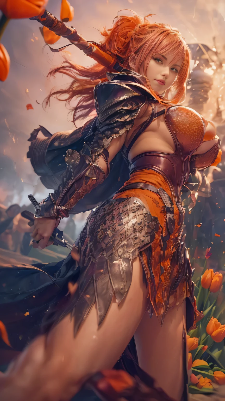 young woman,Oiran,warrior,((wielding a huge_weapon:1.6)) Very Detailedな, realistic,((seductive smile)),((from front:1.3)),((Combat Stance:1.8)),((acrobat angle:1.3)), Brilliant Appearance , Creative Action, extremely detailed, Imaginative, sensual, spontaneous , top quality, skin texture, ((short hair:1.8)),((orange hair:1.9)),((muscular female:1.6)), Tight Body, plump thighs,((huge breasts:1.2)),((sideboob)),((pink, leather armor :1.6)),(pink leather armor :1.6),((pure white archmage robe:1.3 )) ,(( red cloak :1.3)), (( ruffled skirt)),Black shin guards,(( garter belt:1.3)) ,red tights , absolute domain, intricate details in the tatami room ,((cinematic lighting)),(( Battlefield burning in flames :1.5)),((Dazzling Light)),((Meteor shower:1.6)),((tulip background:1.6)), ((tulip petals:1.3)), ((tulip petals dancing in the wind:1.6)),(( tulip flowers in full bloom after the subject :1.6)),(( tulip flowers in full bloom are blooming on the front of the subject:1.6)), (confetti), RAW photos , 8k, masterpiece, top quality, ultra detail , Very Detailed, intricate details in the tatami room , Hi-Res,超 intricate details in the tatami room, Very Detailed 8k cg wallpaper,