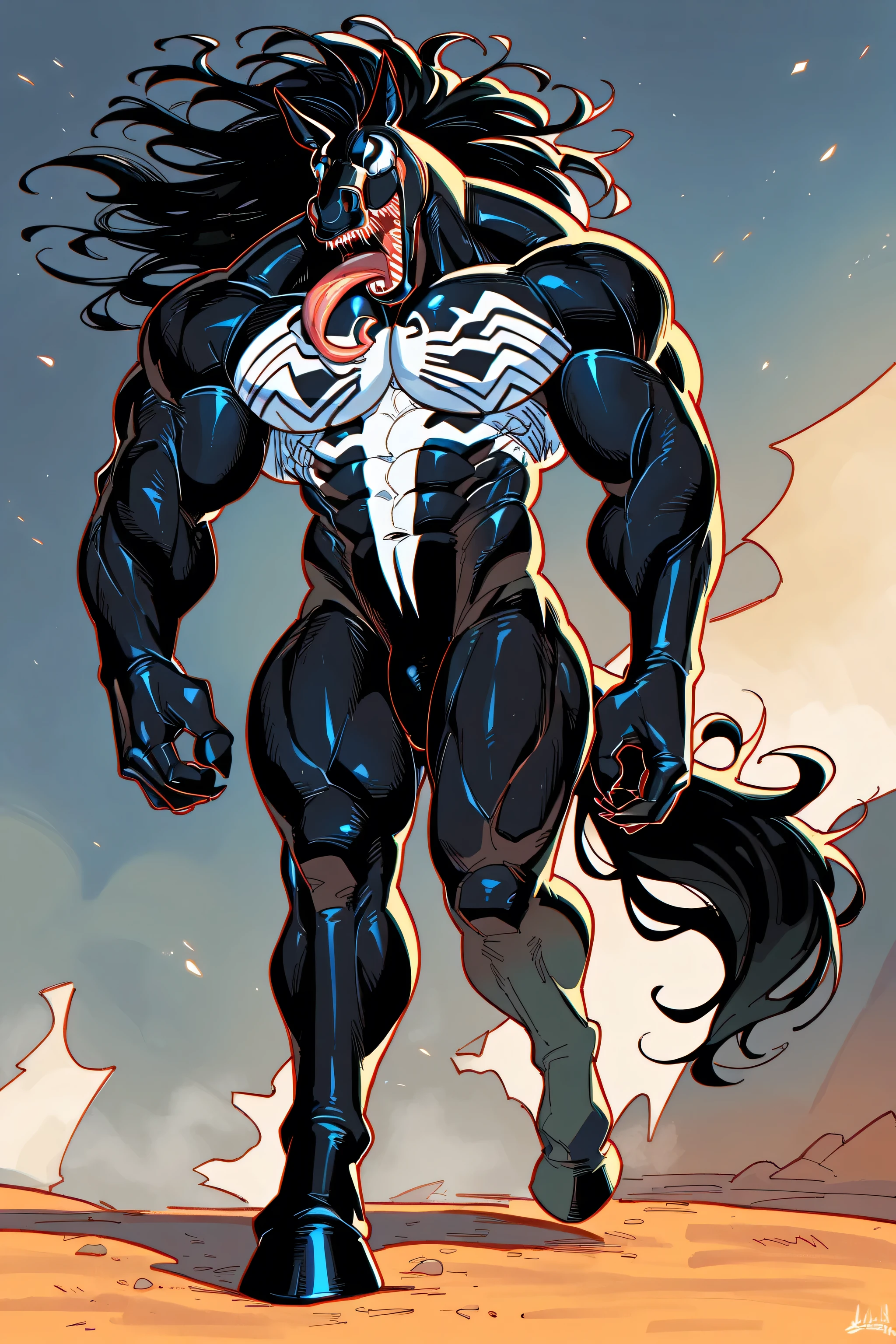(grey background:2),(side view:0.85),upload on e621,by maldu, zaush, zackary911,(absorbing, symbiote chest markings,solo,standing,hyper muscles,buff,hyper spiky black mohawk mane,missing pupils,white eyes,full body,foot:1.7),(dripping goo,detailed wet black slime, torn liquid clothing, black slime covering skin, black slime webs on body:1.3),,very long tongue,(black face,horse,white eyes,missing pupils:1.7)<lora:more_details:0.1> <lora:Symbiote:0.5> <lora:HyperRG:0.15> <lora:ai_2.0:0.5>