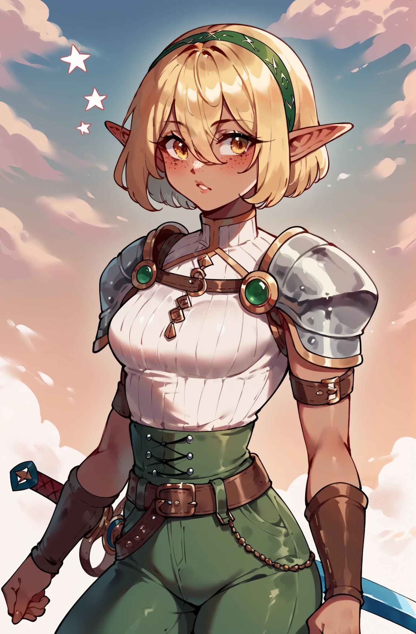 score_9,score_8_  upwards,score_7_  upwards,score_6_  upwards,score_5_  upwards,score_4_  upwards 1girl,One,   A blonde girl with short, ruffled light golden hair, Bob haircut,  chelka,   hair between eyes,   amber eyes,  short little pointed ears  ,   tanned skin,   medieval loose green shirt ,  light armor ,   small inconspicuous breasts  ,   skinny and slim , green pants,  Leather belt,   leather bracelets   ,  holds a glowing blue sword in her hand , elf, freckles,  headband.
background: gray clouds, pink glints of the sun, stars in the sky