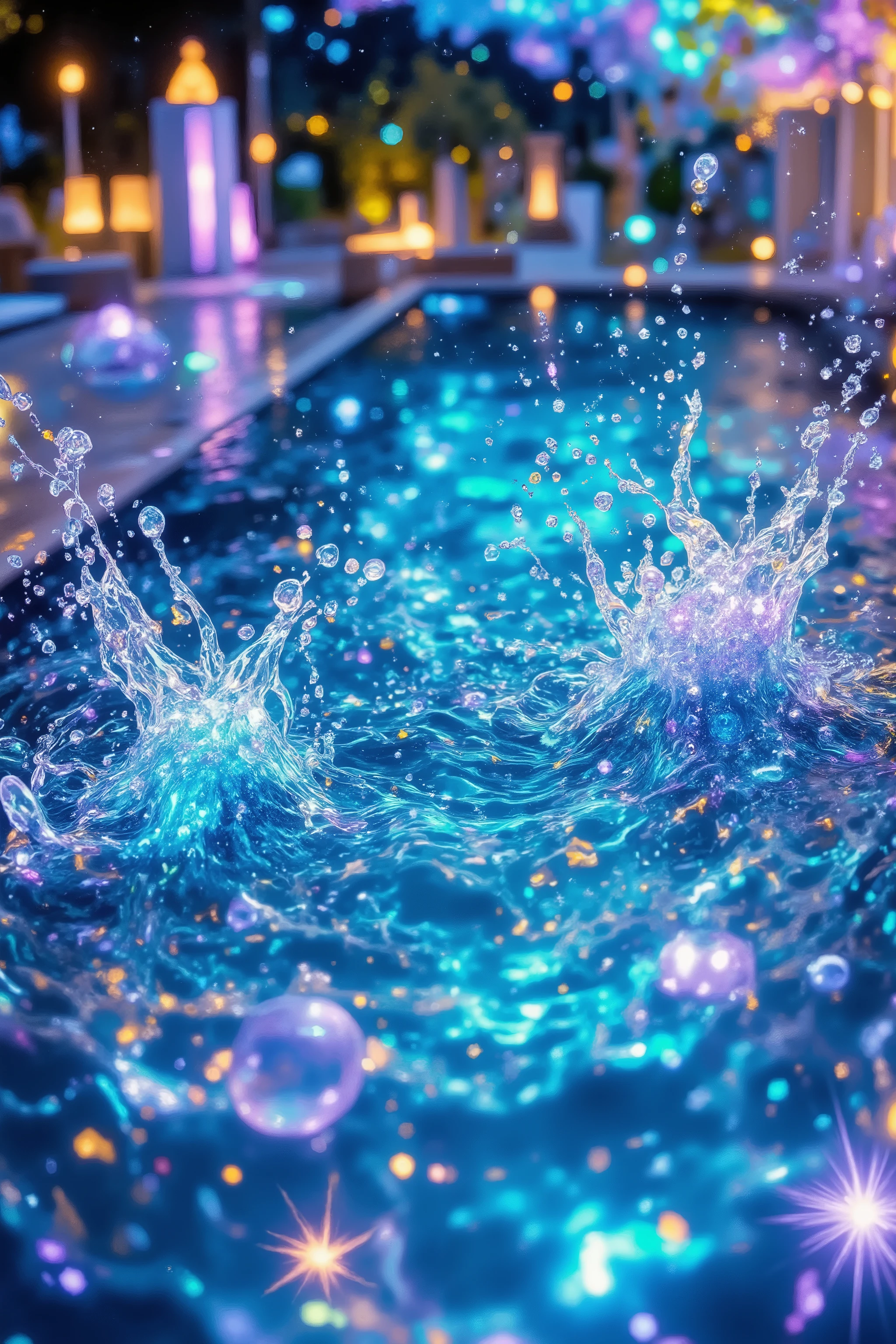 overhead view, full pool with tranquil photorealistic water, dynamic splashes with colorful luminous effects, luxurious art deco-style poolside with glowing geometric tiles and shimmering sparkle, blurred trees and warm bokeh lighting in the background, ripple effect, refraction effect, luminous sparkle, starburst effects, color splash, glow effect, bokeh effect, gaussian blur, ultra-detailed, 4k quality