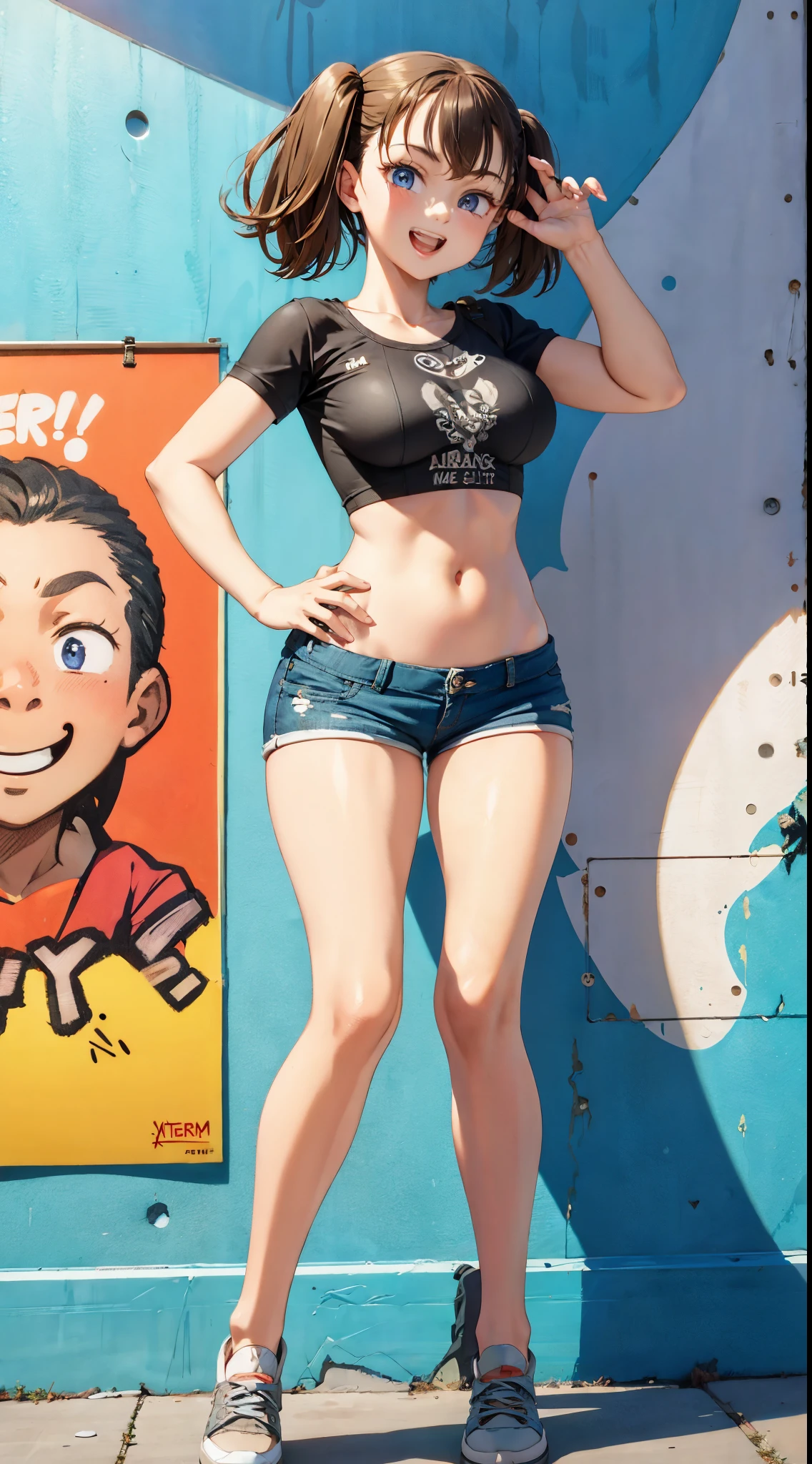 A woman in a tank top and low-rise jeans eating a taco at a taco shop Jeans have belts Belly button piercing Jeans have a zipper from the crotch to the butt There are side slits Big butt Detail the buttocks Detailing the groin area