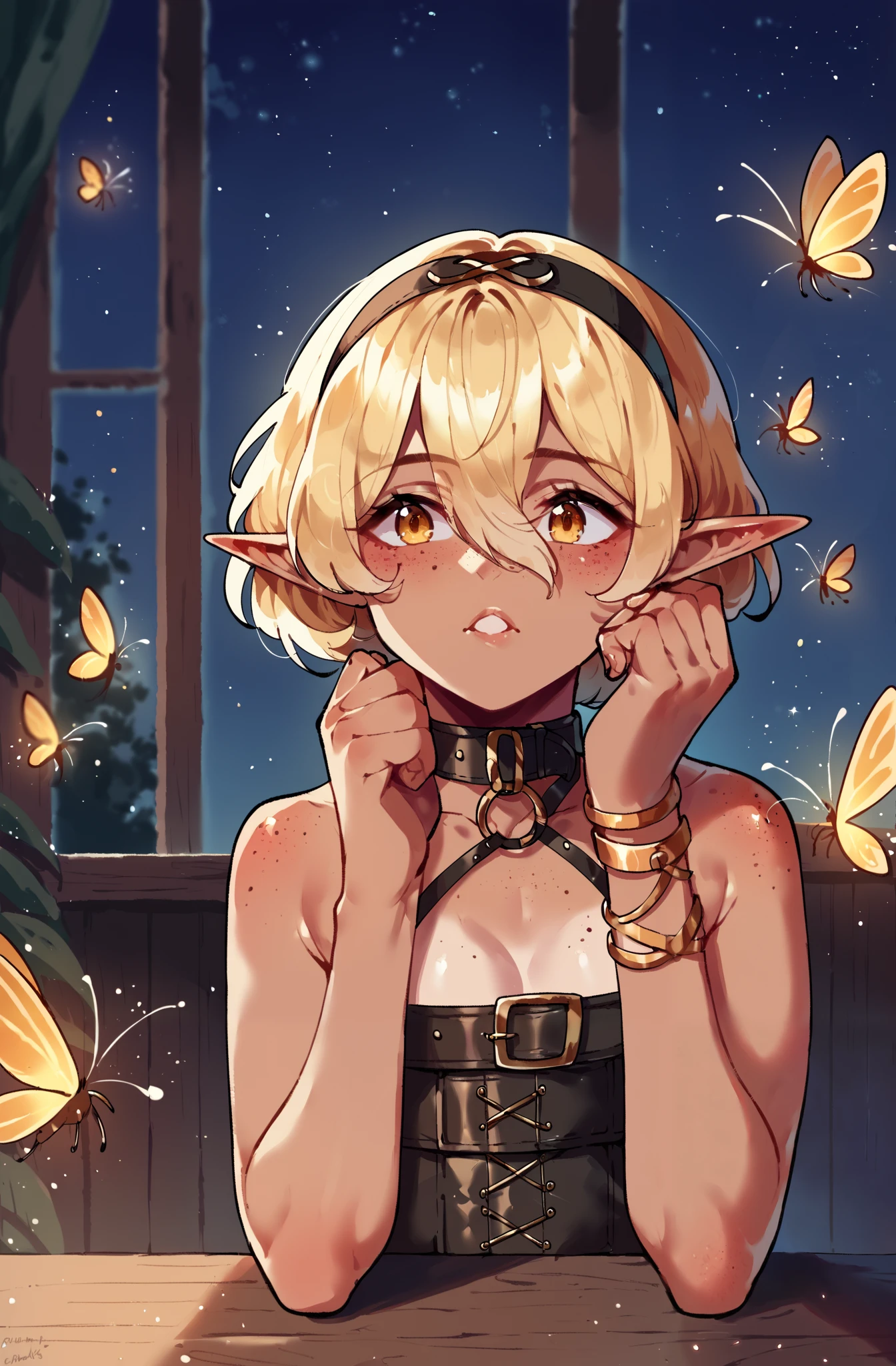 score_9,score_8_  upwards,score_7_  upwards,score_6_  upwards,score_5_  upwards,score_4_  upwards 1girl,One,   A blonde girl with short, ruffled light golden hair, Bob haircut,  chelka,   hair between eyes,   amber eyes,  short little pointed ears  ,   tanned skin,   open shoulders  ,   small inconspicuous breasts  ,   skinny and slim ,  collar,  Leather belt,   leather bracelets , elf, freckles,  headband.
 Sits at the table ,  propping your head up with your hand, Night, dark, night light, golden light ,  golden sparks , fireflies
