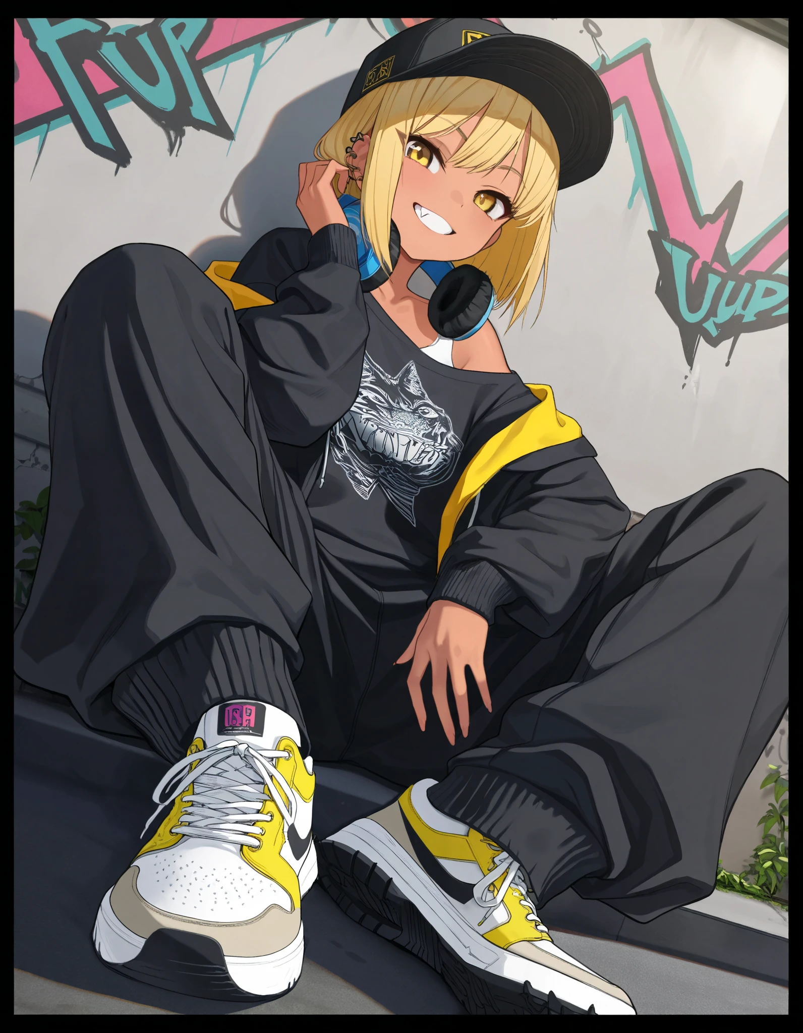 (best quality, highest quality:1.2), masterpiece, top quality, ultra high definition, rich contrasts, HD,8k, High Definition CG Unit Wallpaper, texture , Unbelievably Absurd, ultra high definition, RAW photos ,Deep border 1 .2, very detailed, back alley, ceiling, Sitting one's knees up, spread legs, Leaning against a graffiti wall, dutch angle,
bimbo, cute, streetwear, ((oversized Lower pants, street style, sneakers)), There are many piercings, street cap, put on a off shoulder black open hoodie, headphones on neck,
glamorous, grin, fang, yellow eyes, blonde bob hair, tan,