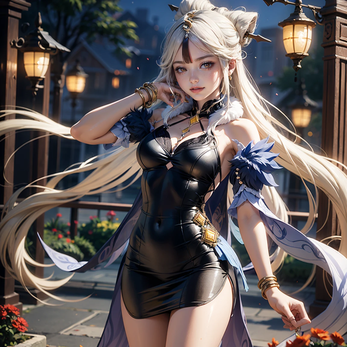 ((Woman standing on balcony of palace))、1girl in、 (( Silvery hair))To, Long hair, ((Side Ponytail)), aqua eyes, longeyelashes, makeup, Smile, Cubist Futurism, depth of fields, One-person viewpoint, F/1.2, 135 mm, canon, nffsw, retinas, masutepiece, ccurate, Anatomically correct, Textured skin, Super Detail, high details, High quality,(breasts of medium size,)、(A slender )Best Quality, hight resolution, 1080p, hard disk, 4K, 8K、((Off-the-shoulder snow-white dress)), garterbelts、Black pantyhose、high-heels、White walls intertwined with ivy、((Black lace panties are visible)),((fur-coat))