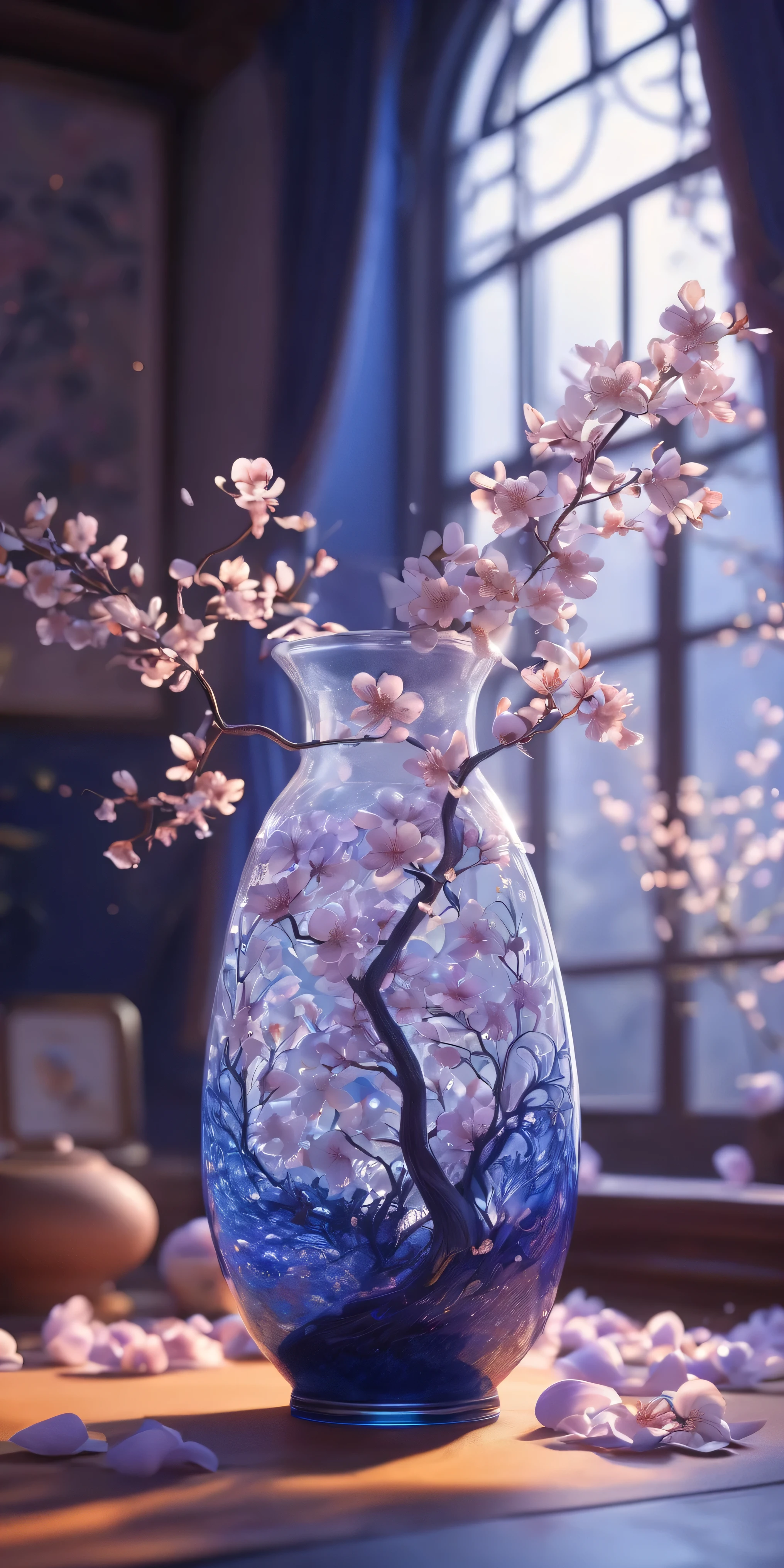 blue and white porcelain, sakura petal in a very long and thin vase, soul, fairy-tale, soul, crystal clear, blue transparent soul, colorful, light purple, orange, cinematic lighting, 8k, Designed by Bage