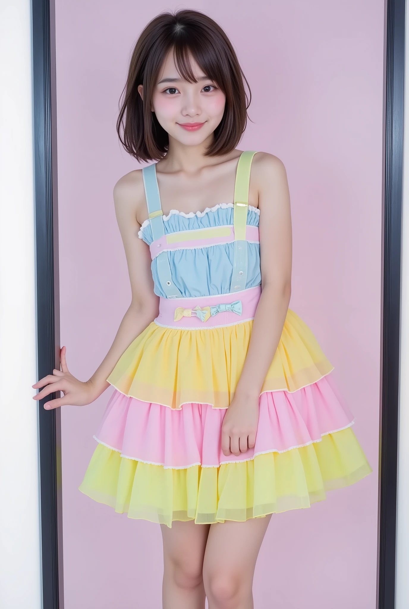 NSFW,
photorealistic,
pastel colors,
simple background, full body shot,
very cute  Japanese girl,
wearing a 3-tiered ruffled miniskirt dress,
dress uses 5 vibrant colors,
panties are visible from the bottom of the skirt,
she is standing in a showcase and smiling,