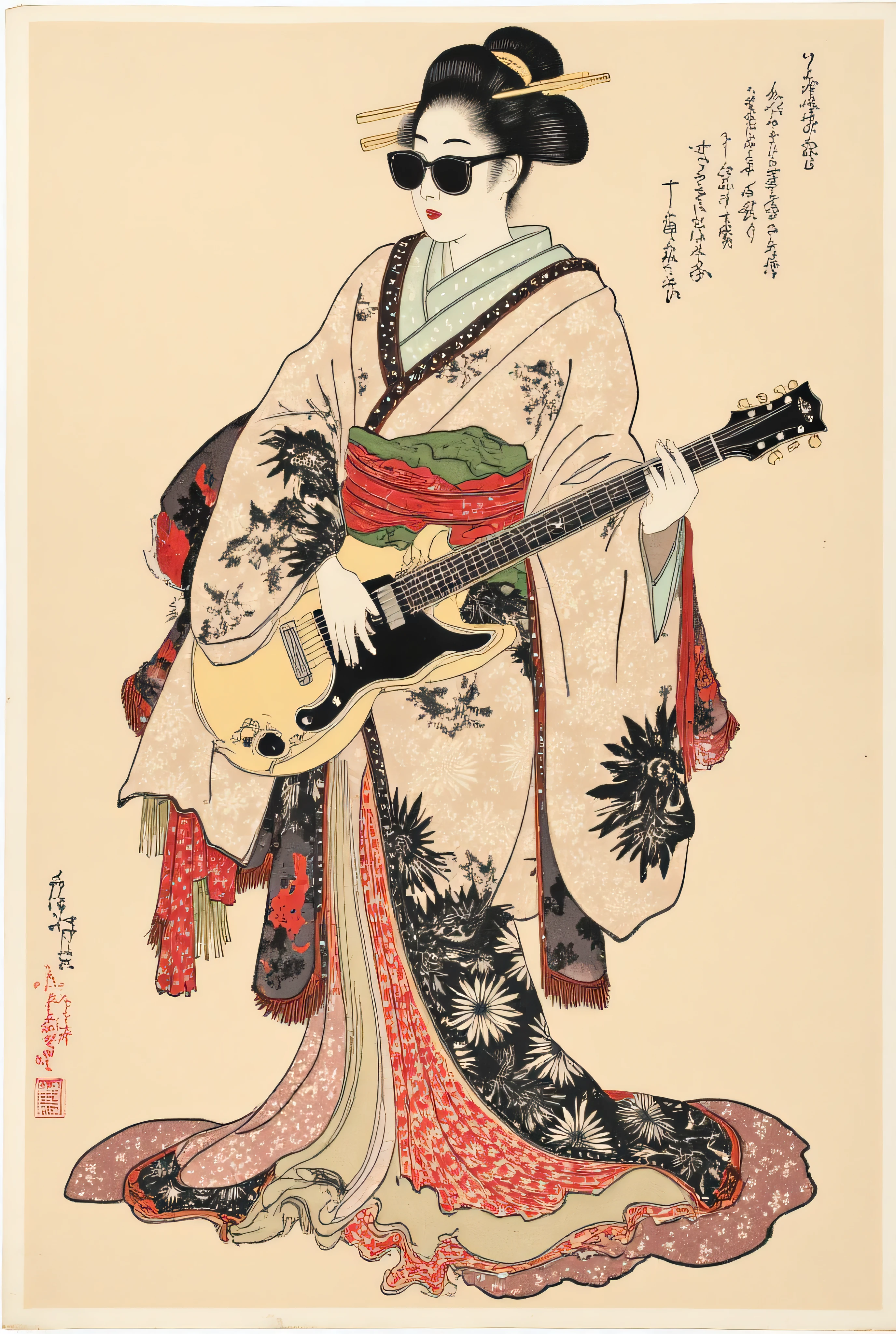 Ukiyo-e style, Geisha wearing sunglasses and flashy kimono playing electric guitar, Ukiyoe on Japanese paper , Mixed style of Sumi-e and Ukiyo-e , Kimono, ArsMJStyle, Zen Ink Wash Sumi-e, tsukioka1 Japanese woodblock print ukiyo-e, upper body, half body photo.
