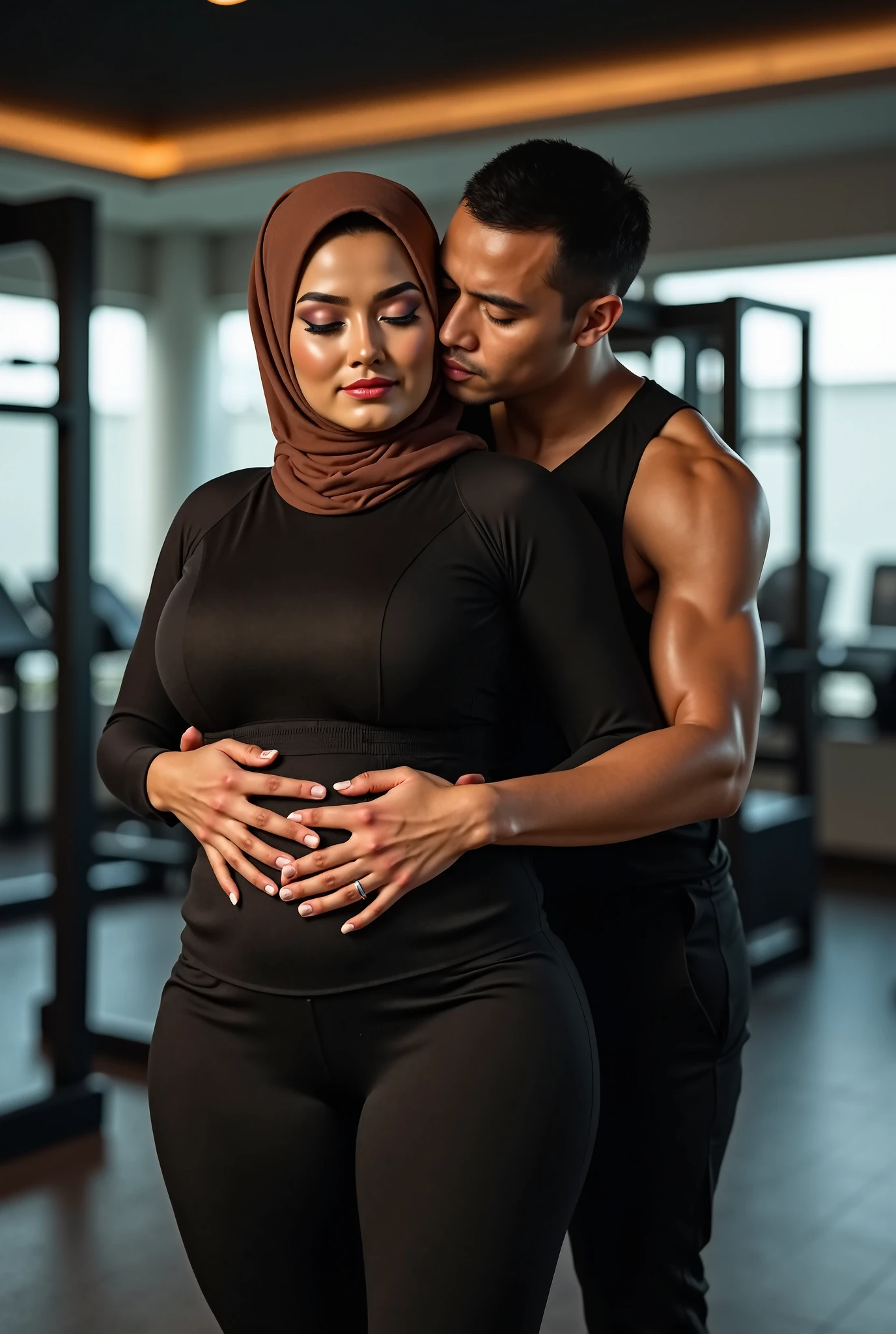 with black headscarf,black sweatpants, barefoot woman, men are touching their breasts