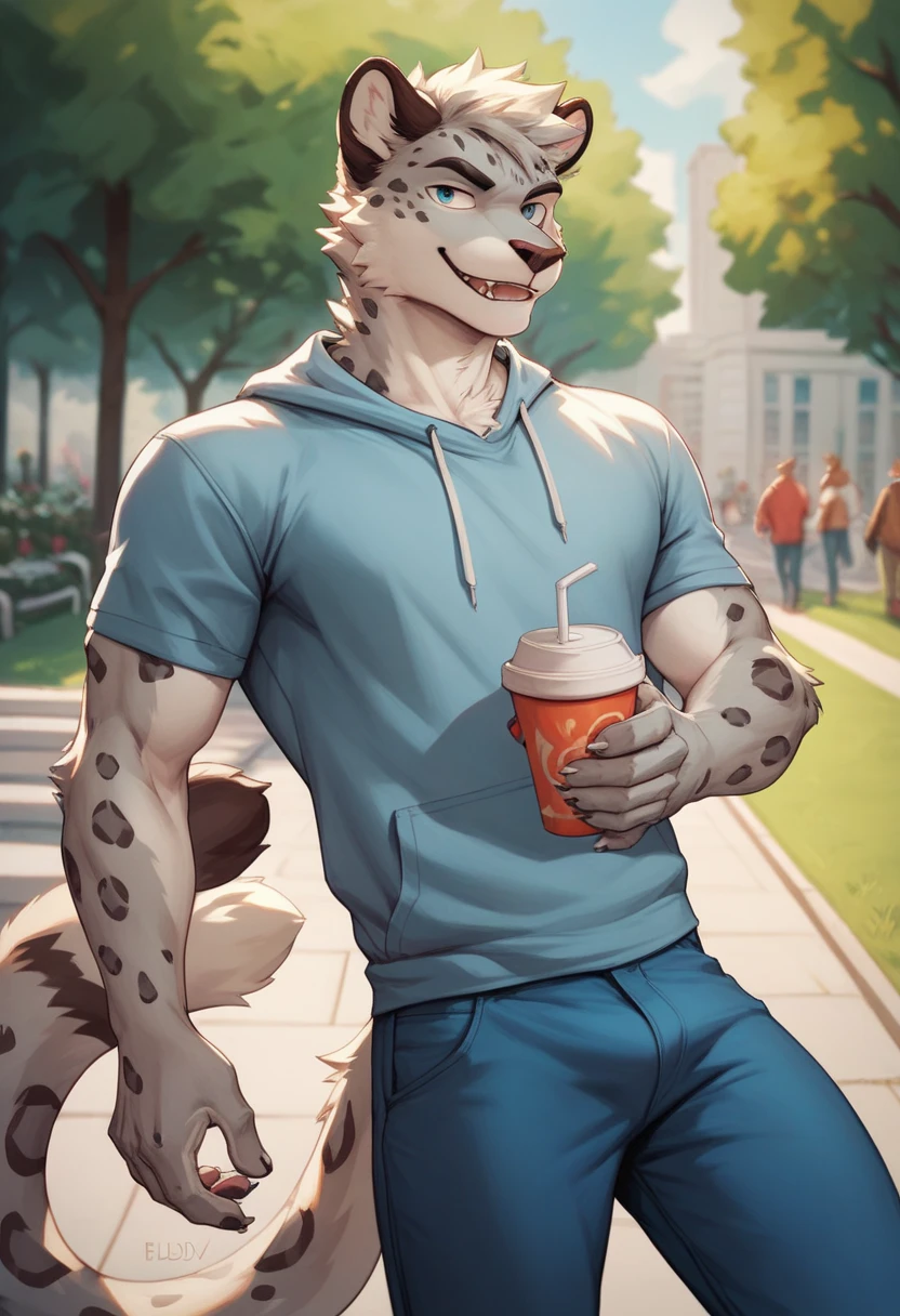 Male gray wolf den, wolf tail, alone, arrogant expression, masterpiece, Best Art, whole body, by violinist taran, detailed eyes, detailed body, claws, high, top-less, Pecs, ABS, squatting posture, jeans and pink t-shirt, sunny background in a park, green food, blue sky