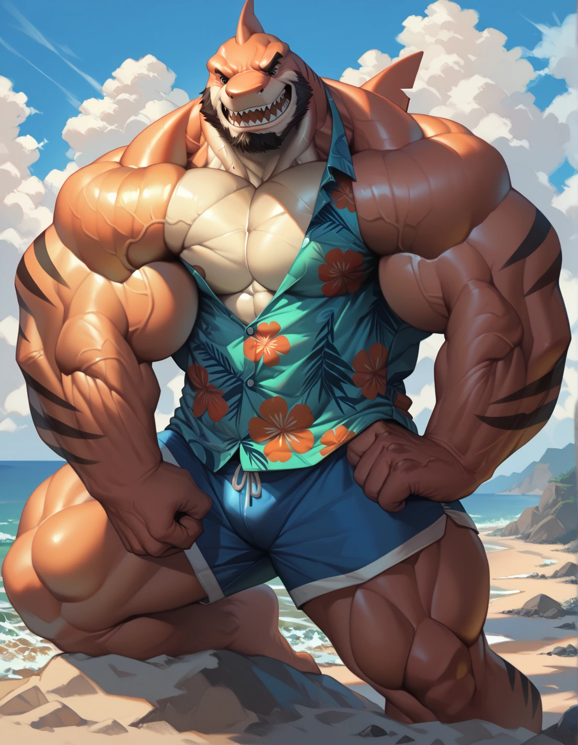masterpiece, best quality, 8k resolution, Very detailed, hairy，tiger，((red hair))，muscle，Strong，超大muscle，((Sweating))，(((Purple Eyes)))，For the audience，(((Lifeguard)))，portrait，(((Shirtless)))，(Highest quality scene)，(((thong)))，(((seaside)))，(((smiling)))，(((Hip bulge)))，(((Ultra clear eyes))，(((Blushing)))，((Solitary))，((whole body))，(((Sunlight)))
