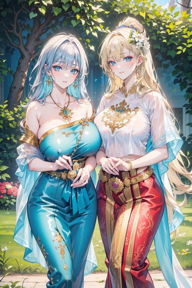 beautiful woman,folk girl,long, White hair and blue eyes,ฉันมีเปียlongทางด้านขวา.,She wore a blue strapless Thai dress with no straps..,กระโปรงไทยโบราณlong,countryside,countryside,beautiful scenery,European Middle Ages,smile with teeth,forehead,forehead exposed,big ,rift, ,(2 young women ,beautiful woman)