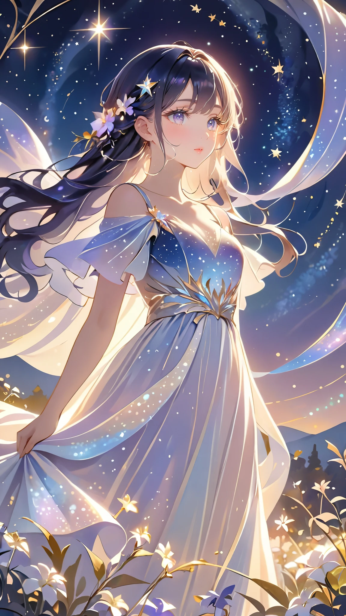 A girl standing alone under the starry night sky, with her silhouette illuminated by the soft moonlight and twinkling stars. Her face is beautifully detailed, with mesmerizing eyes that seem to reflect the universe itself, long and fluttering eyelashes, and exquisitely defined lips. She has very long dark navy hair that shimmers like the starry sky and is dressed in an elegant gown, flowing and ethereal, embracing hegure gracefully as it glimmers with a subtle celestial glow. The intricate details of her dress catch the faint starlight, creating a mesmerizing sparkle. The surrounding landscape showcases a serene garden, lush with vibrant foliage and colorful flowers. The air is filled with a gentle breeze, causing the leaves to rustle and the flowers to sway delicately. The garden is bathed in a warm, dreamy color palette, with hues of deep blues, purples, and hints of silver. The atmosphere is calm and tranquil, evoking a sense of peace and serenity. The artwork is of the highest quality, meticulously created with ultra-detailed brushstrokes and precise attention to every element. The texture and depth of the painting are breathtaking, with a sense of realism and photorealism that captures the awe-inspiring beauty of the night sky. The lighting is soft and diffused, casting a gentle glow over the entire scene, enhancing the magical ambiance. The girl's presence radiates a sense of mystery and wonder, as if she holds a secret connected to the celestial beings above. The overall composition evokes a feeling of timelessness and captures the essence of a StarSign, an artwork that embodies the celestial beauty and inner strength of a girl in harmony with the stars.