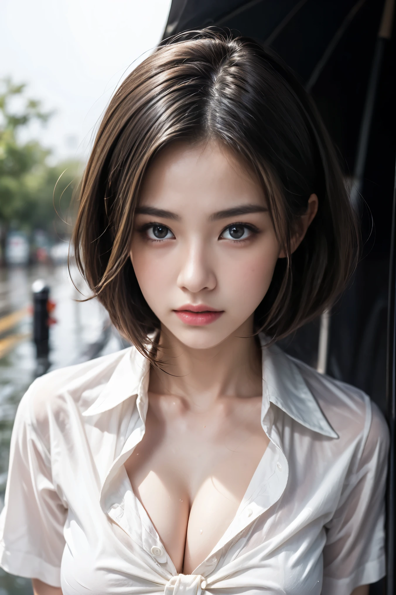 ((Best Quality, 8K, Masterpiece: 1.3)), Sharp: 1.2, Perfect Body Beauty: 1.4, Slim Abs: 1.2, ((Layered Hairstyle, Big Breasts: 1.2)), (Wet White Button Long Shirt: 1.1), (Rain, Street: 1.2), Wet: 1.5, Highly detailed face and skin texture, detailed eyes, double eyelids, side face looking at the camera