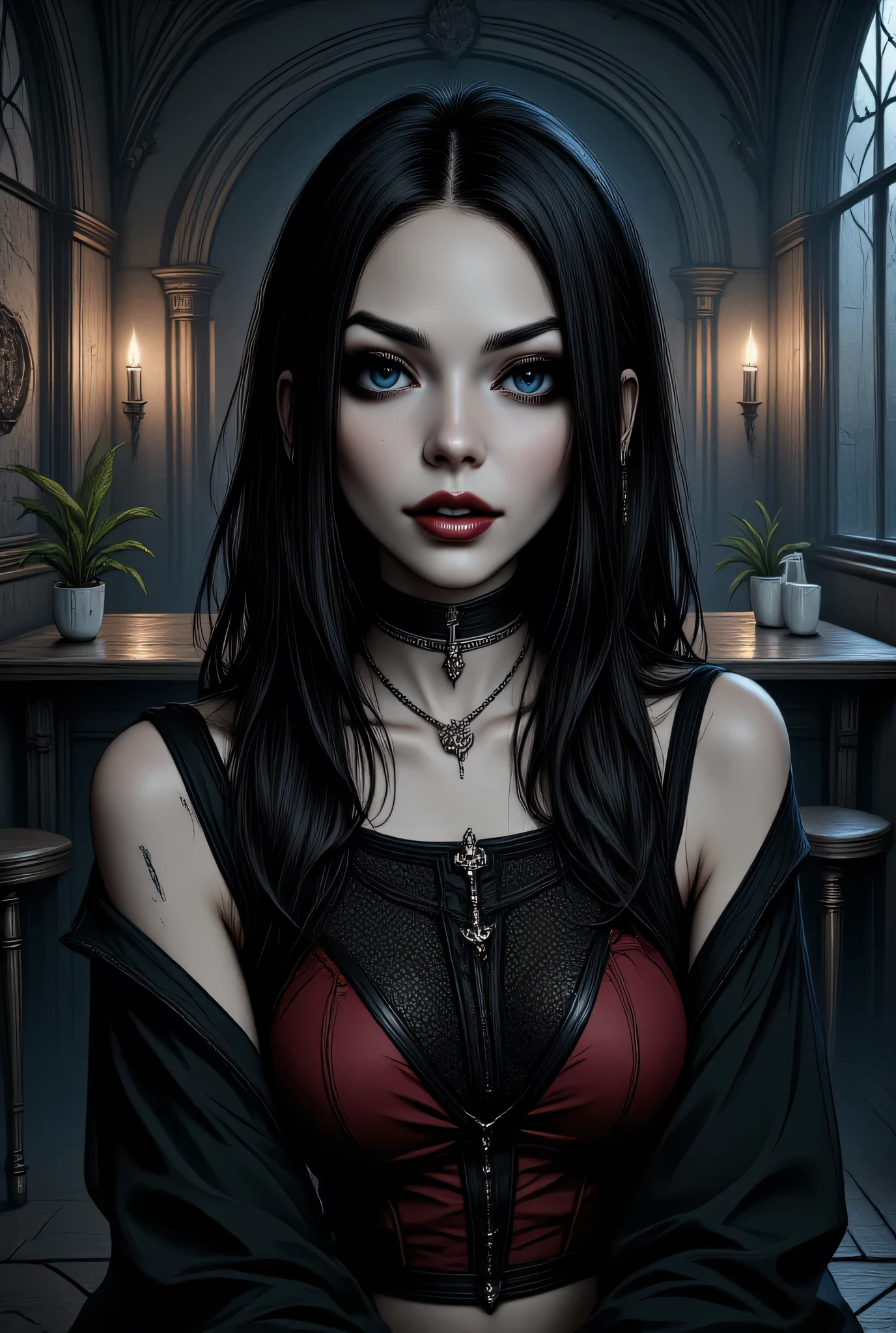 a picture of a beautiful Catholic nun sitting in a goth bar , sipping a dark red cocktail, wearing a white catholic nun habit, full body, slightly hiding the edge of white silk stocking, (vampiric fang: 1.3), wearing high heels, smirking, black silver cross choker, make up, dynamic hair, long hair, glowing eyes, intense azure eyes, light makeup, shy, blush, goth bar background, wine bottles, lit with candles, photorealistic, Realism, depth of field, cinematic lighting, dim light, full body, silhouette, from side, Ultra-Wide Angle, retina, UHD, best quality, 16k, highres, high details, aidmaDarkGothicAnime, ArsMJStyle, hyp3rd3tail style, gothicstylenext