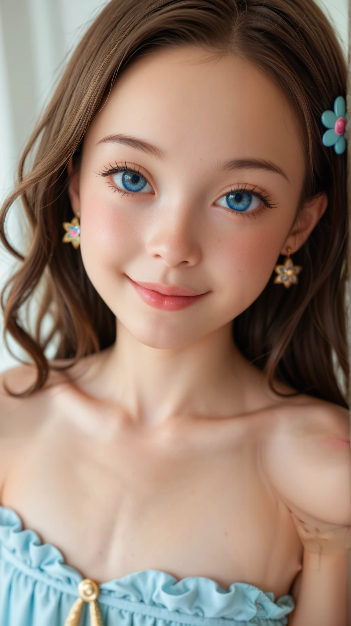 cute30talent, ( brown hair), ((とても cute髪)), perfect face, innocent smile, upper body,( blue eyes), (Yang), ( small), (thin), (( flat chest)), (()), Skin Gums , extremely detailed, charming oval face, red lips, pink, growing skin, thin hair, focus on face , Chest Closeup, Gorgeous Hair Ornaments , gold earrings, ((1 person)), shy expression ,