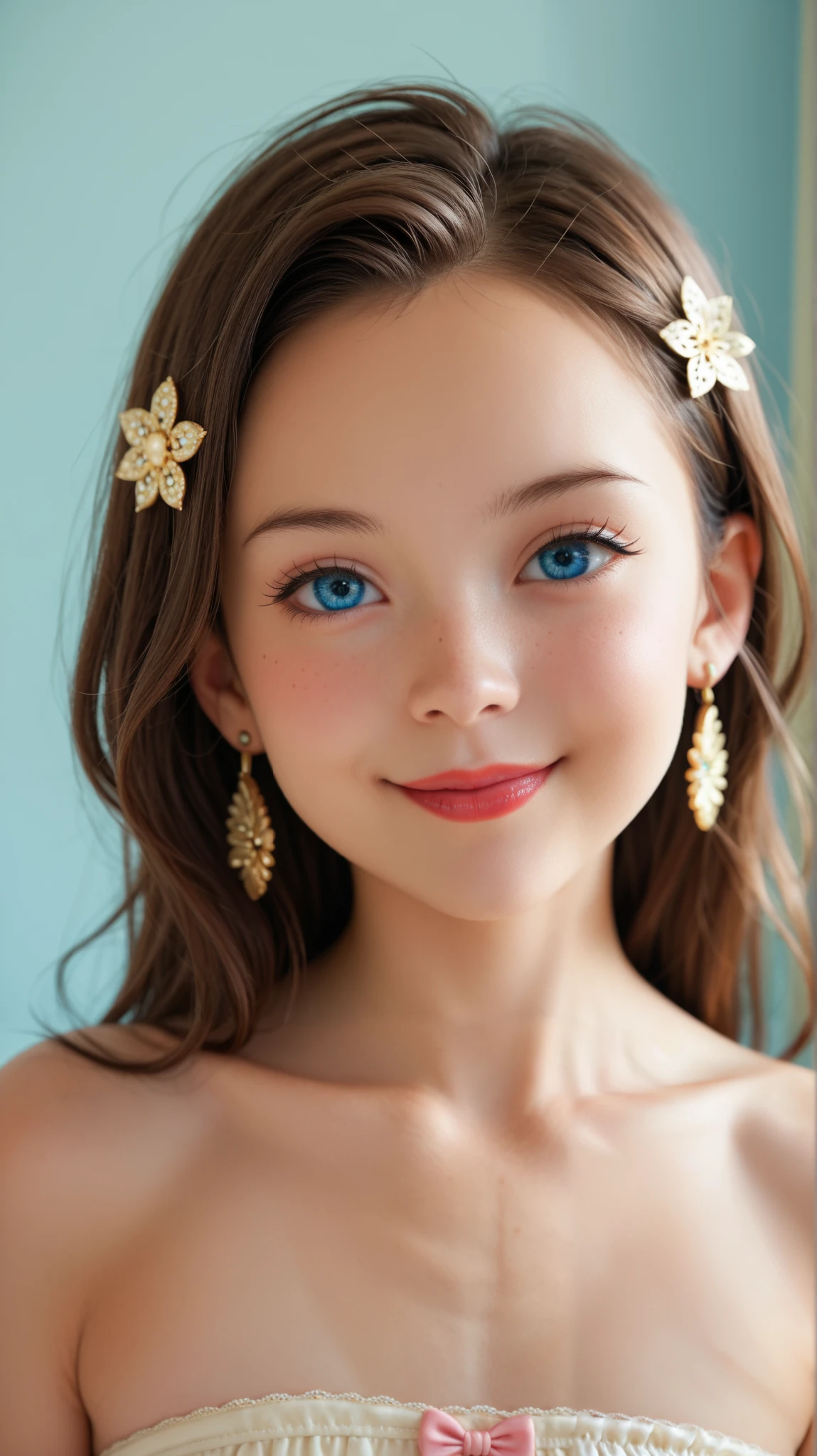  cute, ( brown hair), ((とても cute髪)),  perfect face,  innocent smile,  upper body,( blue eyes), (Yang), ( small), (thin), (( flat chest)), ((Only 16)), Skin Gums ,  extremely detailed,  charming oval face,  red lips,  pink,  growing skin,  thin hair,  focus on face ,  Chest Closeup,   Gorgeous Hair Ornaments ,  gold earrings, ((1 person)),  shy expression ,