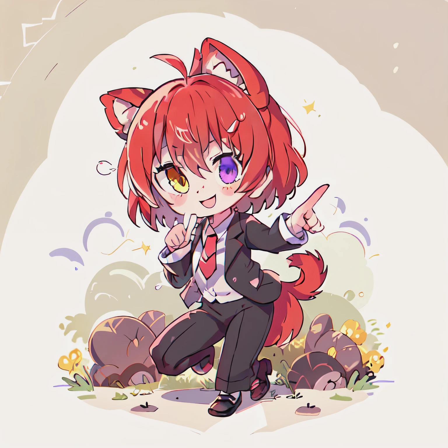 masterpiece perfect, top quality, 2-D, illustrations, Avatar, chibi,3 heads, 1 personの女の子, 1 person, are cool,round face,smile, dog ear, dog earを立てる,Stand up, dog earを正面に向ける, dog earの内側は薄いピンク, short hair, Red Hair ,black mesh above the right eye, unkempt hair above right eye,My hair is jumping up and down,red tail , black suit, black formal suit,Black leather shoes, red tie,purple bracelet,Stand up straight,View from the front,Finger guns for viewers, heterochromia, yellow eyes, purple eyes,A strawberry large enough to stick out of the picture on the back,Small eyes