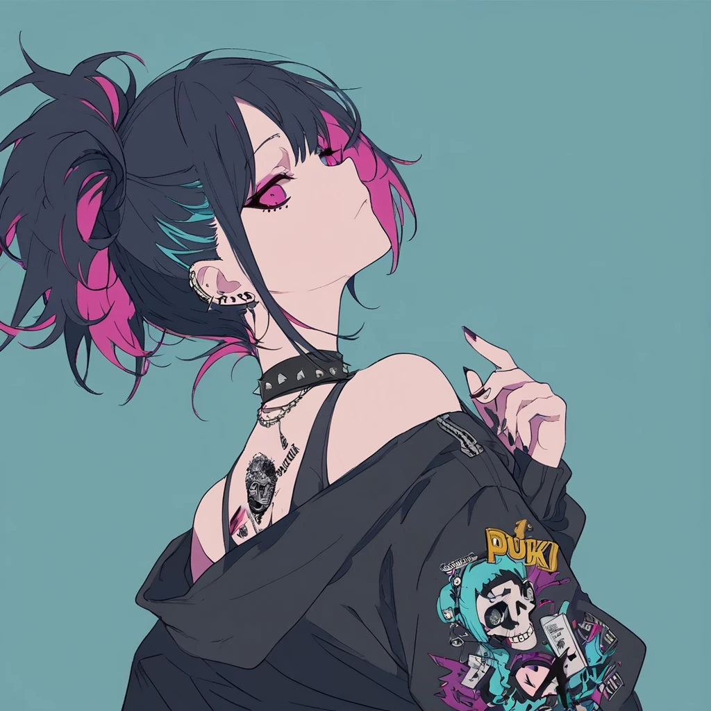 masterpiece, best quality, 8K wallpaper, PIXIV CONTEST WINNERS, Punk Style, look back, one girl, black hair, ((( flat color))), simple background, Blue-colored main illustration
