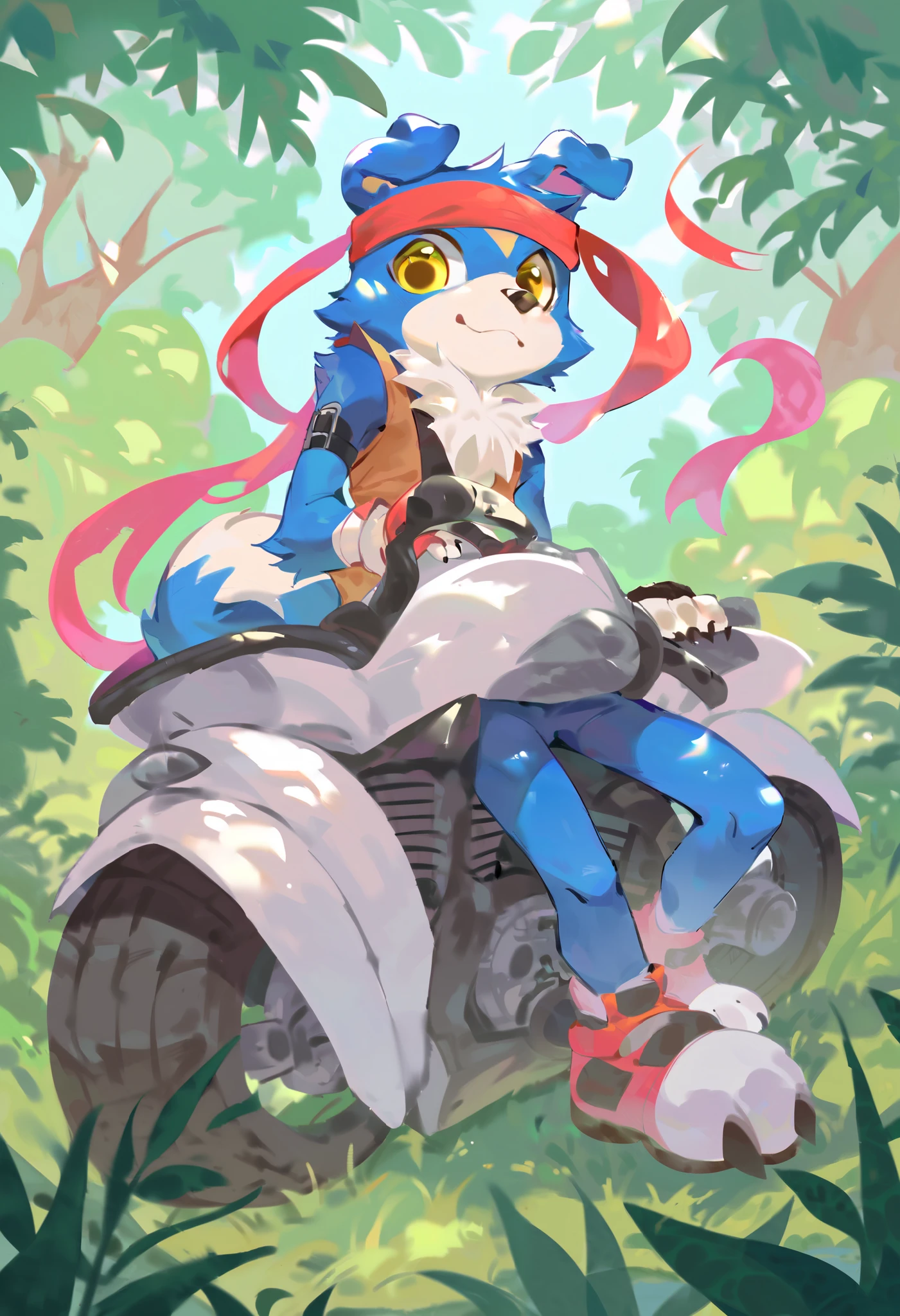 high res, best quality, gaomon_digimon, furry, anthro, chonky, headband, solo, 1boy, cute, yellow eyes, sitting on a motorcycle, in a forest