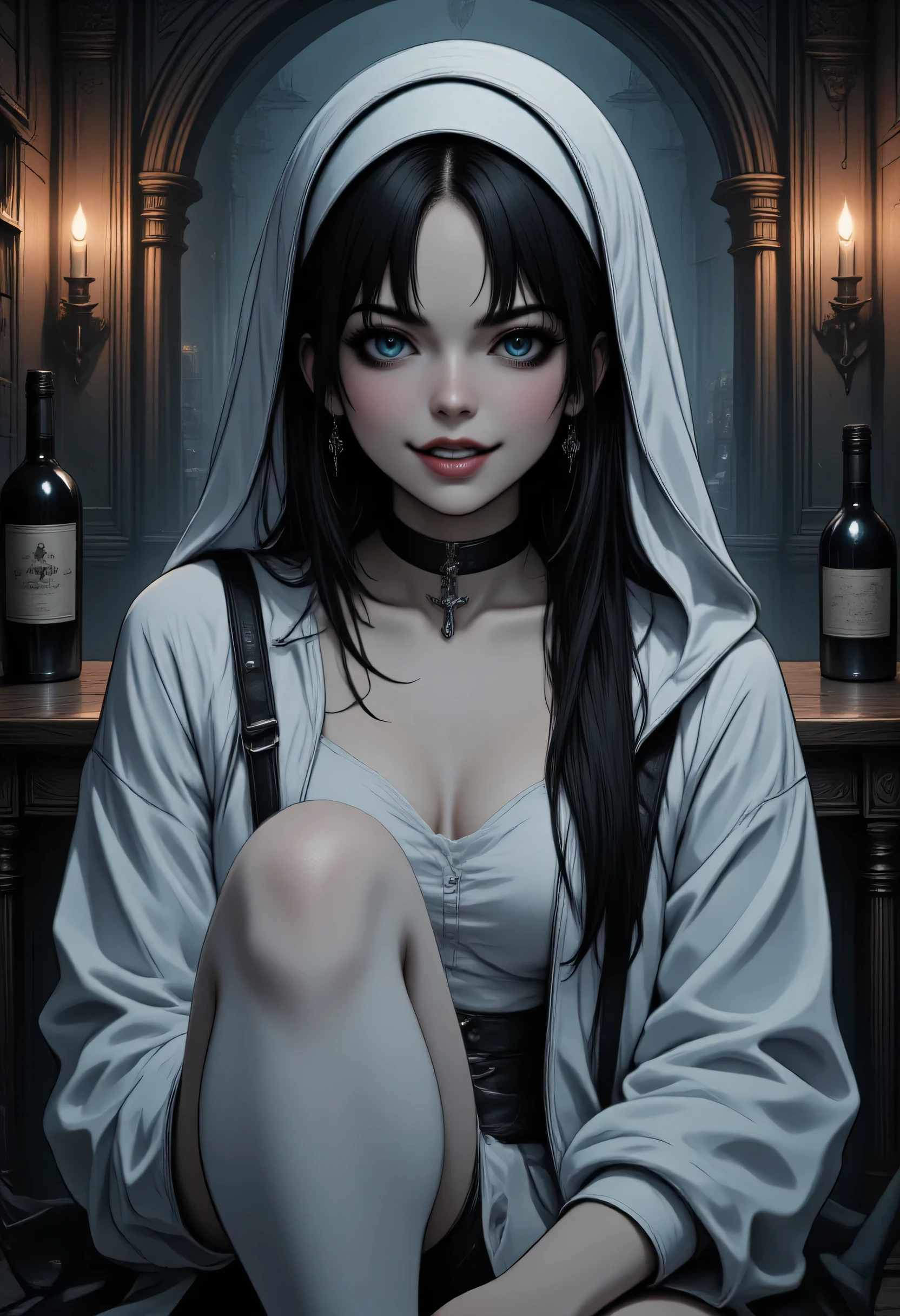 a picture of a beautiful Catholic nun sitting in a goth bar , sipping a dark red cocktail, wearing a white catholic nun habit, full body, slightly hiding the edge of white silk stocking, (vampiric fang: 1.3), wearing high heels, smirking, black silver cross choker, make up, dynamic hair, long hair, glowing eyes, intense azure eyes, light makeup, shy, blush, goth bar background, wine bottles, lit with candles, photorealistic, Realism, depth of field, cinematic lighting, dim light, full body, silhouette, from side, Ultra-Wide Angle, retina, UHD, best quality, 16k, highres, high details, aidmaDarkGothicAnime, ArsMJStyle,  hyp3rd3tail style, gothicstylenext