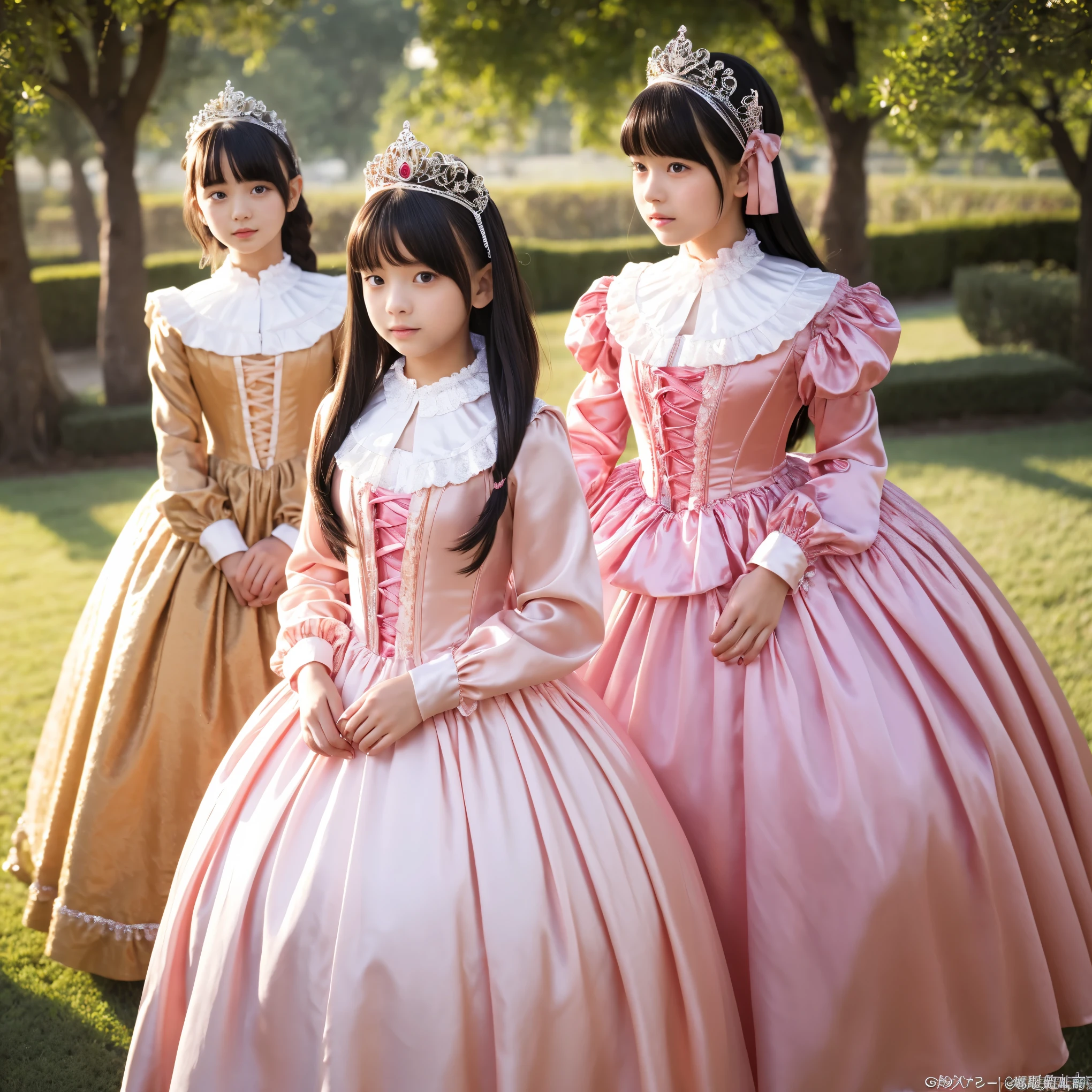 ,,highest quality, masterpiece, highest resolution, artwork, super それにget used to it, many get used to it, get used to it, それにget used to it, 3k realistic pictures,(( girl:1.0)),short body height,Ultra-detailed juvenile face,they are princesses,((shiny hot pink silk satin full-length big ball gown princess dress:1.0)),(((large round puffed long dress))),((Their feet are hidden in the puffed dress)),((frilled yoke collar)),((frilled sleeves)),((((long sleeve)))),((Lolita style detailed princess satin dress with lots of frills and ribbons:1.0)),(((Everyone has luxurious tiaras on their heads))),((laced corset with ribbons)),Rococo style lolita fashion,shiny satin dress,Soft and smooth fabric,luxury,long hair,detailed eyes,young japanese girls,in the luxurious palace,