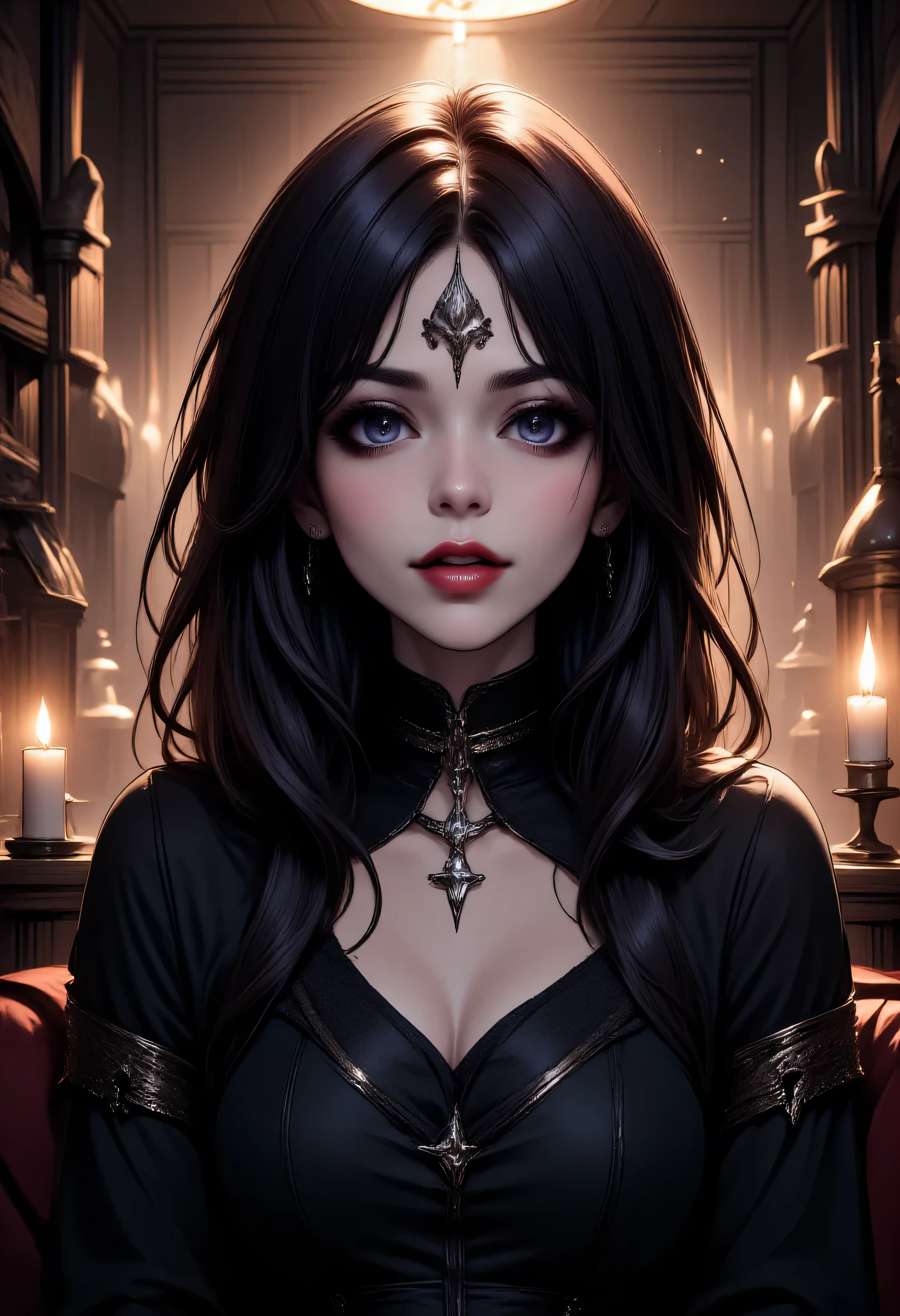 a picture of a beautiful Catholic nun sitting in a goth bar , sipping a dark red cocktail, wearing a white catholic nun habit, full body, slightly hiding the edge of white silk stocking, (vampiric fang: 1.3), wearing high heels, smirking, black silver cross choker, make up, dynamic hair, long hair, glowing eyes, intense azure eyes, light makeup, shy, blush, goth bar background, wine bottles, lit with candles, photorealistic, Realism, depth of field, cinematic lighting, dim light, full body, silhouette, from side, Ultra-Wide Angle, retina, UHD, best quality, 16k, highres, high details, aidmaDarkGothicAnime, ArsMJStyle, hyp3rd3tail style, gothicstylenext