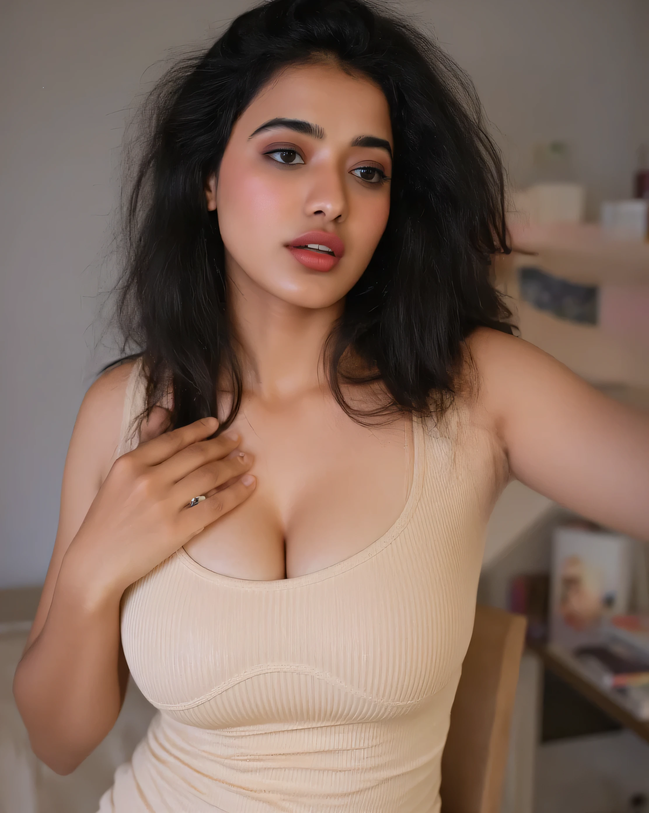 photo of indian girl having seductive facial expression and cleavage and look wide angle photo wearing sexy beautiful dress