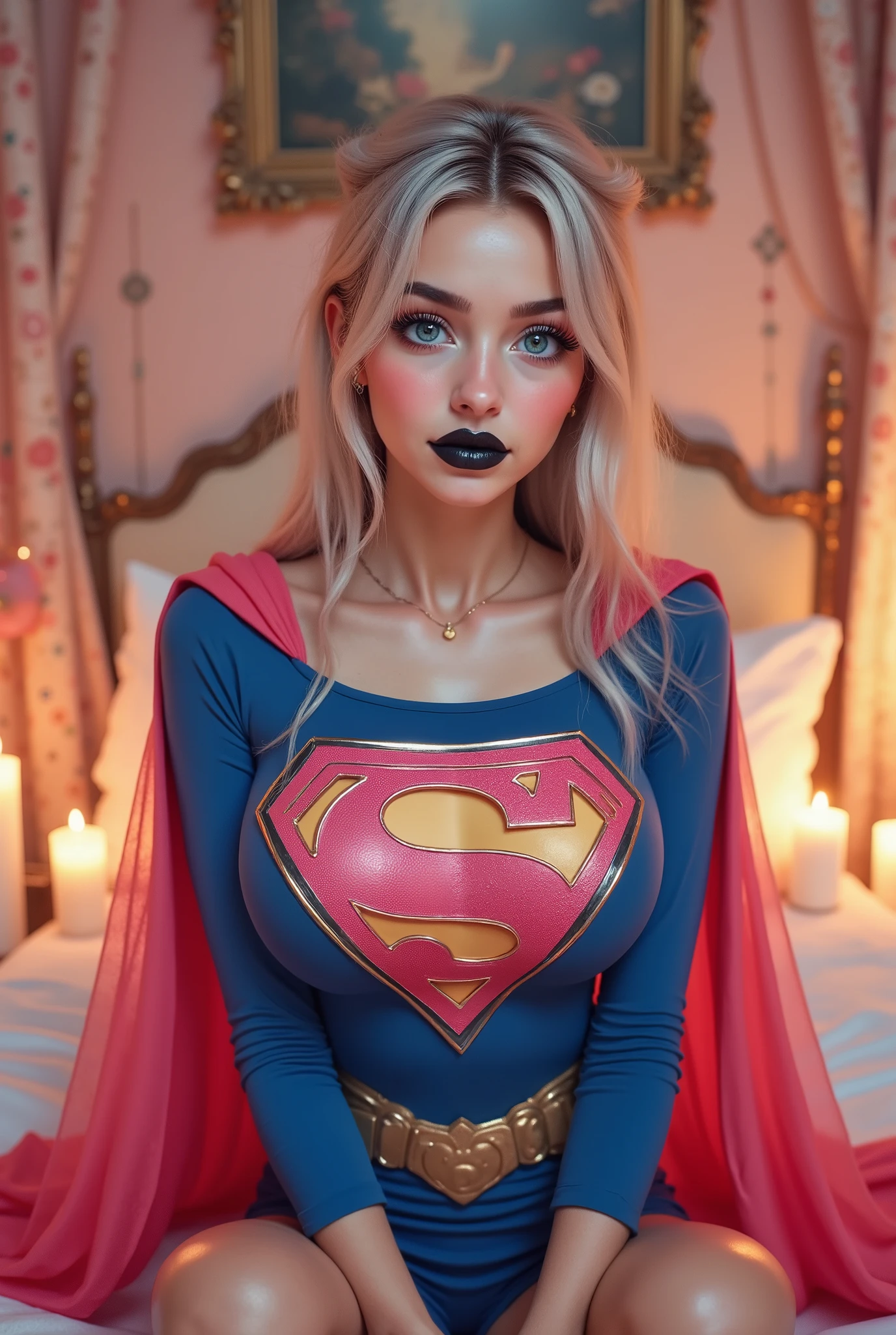 PROUDLY WEARING THE ICONIC PINK "S" EMBELEM AND A PINK PLAID VINYL SUPERGIRL COSTUME AND RED CAPE. A CUTE 35 year old girl , pigtails, beautiful face, gorgeous, beautiful, beautiful, beautiful face, pale skin, parts, SILVER hair, ANIMEVBlue eyes, full and shiny BLACK lipstick, big lips, thick lips, half-open lips , BLACK lipstick, skinny thighs, petite body, , skinny, FULL chest, skinny, body(body heigth:140cm), Big Head, innocent look, Young face, l, sweaty, Sitting in a bedroom with candles and a soft warm light. The colors of the room are pink and white , perfect eyes , very detailed BLUE eyes, beautiful and expressive, detailed eyes , 35mm photography, Movie, bokeh, professional, 4k, Highly detailed dynamic lighting, photorealistic, 8K, raw, rico, intricate details