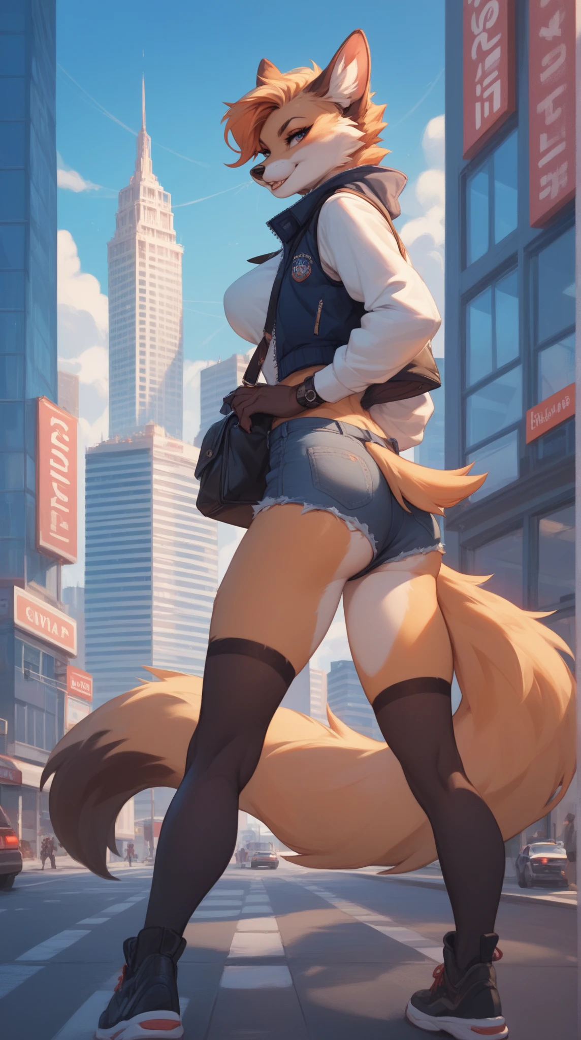 ((((sfw)))), uploaded the e621, beautiful and detailed,woman (((female))) ((anthro)) hyena, Ross Tran, by ruan jia, by zaush, by foxovh, lighting cinematic, seductor, hyena, thighighs, (huge chest), full body view, (anthro, fluffy fur, character focus:1.1), 1girl, anthro dog girl, body fur, solo, medium breasts, (thick thighs), curvy, (blue,black and white colors_clothes) focus on , biki big ass sexy ass sexy , (heart-shaped pupils), sexy, seductive, fall in love girl, nice, cute, naughty face, , big aureola show , Black hair with blue highlights. inside butt samurai girl, sexy uniform , with his shirt soaked , visibile saliva offering the breasts and sex partial clothes ((She is showing her sensuality) ( blue collar.) hottest hot 1st position for sexy blue eyes confortable naughy face anime-style cartoon-style squirrel ears with blue hair ponytail , digital drawing and colorful city in the background, sexual expression.) (clothes colors: blue, black and white) (sexy clothes) she is sticking her ass out