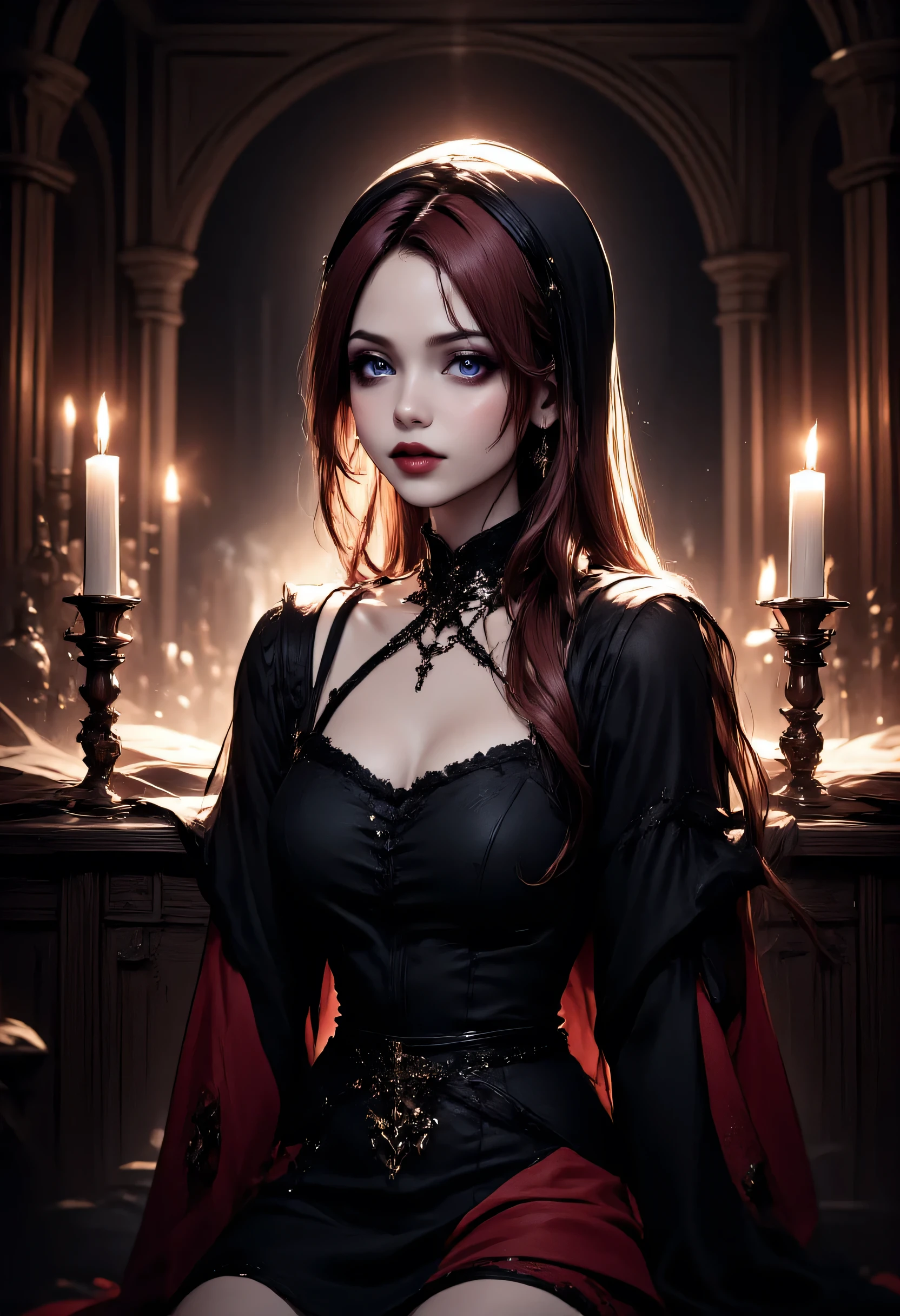 a picture of a beautiful Catholic nun sitting in a goth bar , sipping a dark red cocktail, wearing a white catholic nun habit, full body, slightly hiding the edge of white silk stocking, (vampiric fang: 1.3), wearing high heels, smirking, black silver cross choker, make up, dynamic hair, long hair, glowing eyes, intense azure eyes, light makeup, shy, blush, goth bar background, wine bottles, lit with candles, photorealistic, Realism, depth of field, cinematic lighting, dim light, full body, silhouette, from side, Ultra-Wide Angle, retina, UHD, best quality, 16k, highres, high details, aidmaDarkGothicAnime, ArsMJStyle, hyp3rd3tail style, gothicstylenext