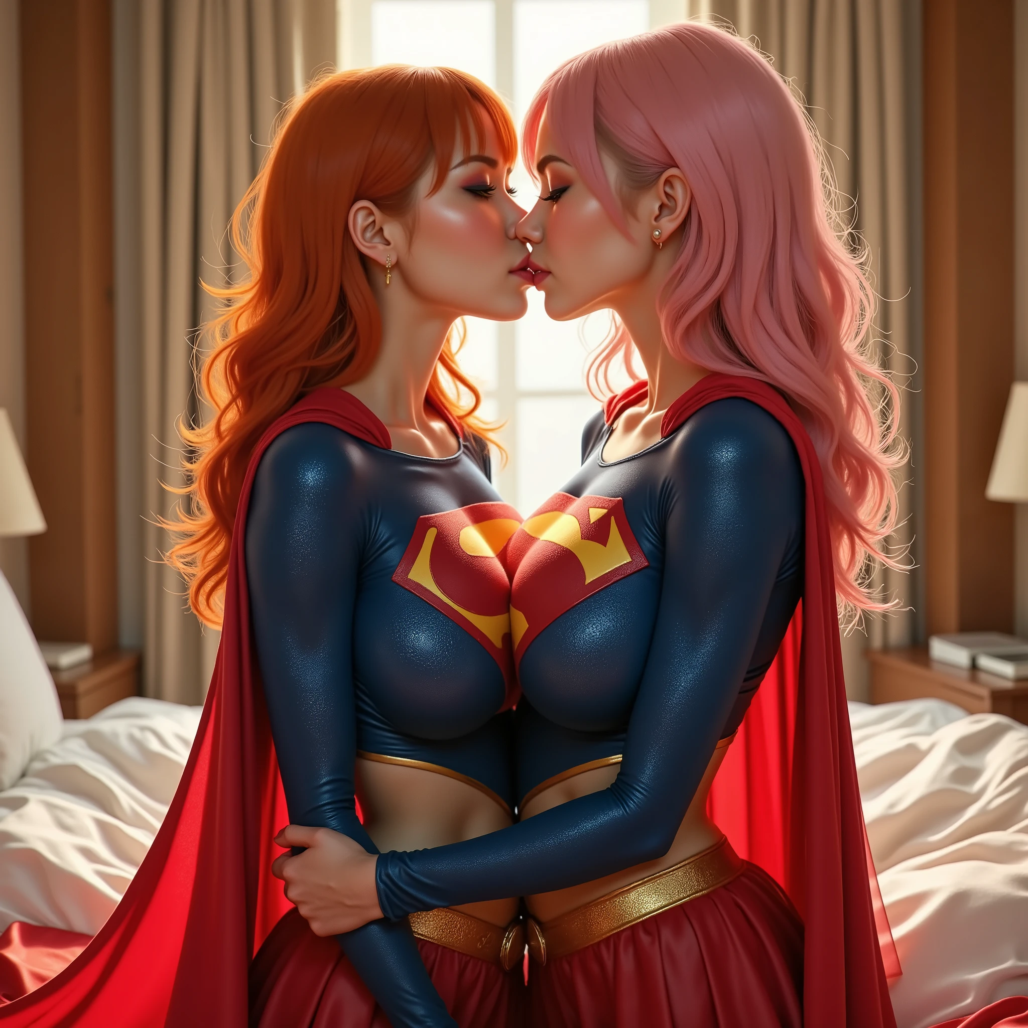 2 SEXY ASIAN GIRLS AS SUPERGIRLS WEARING IDENTICAL SUPERGIRL COSTUMES AND CAPES. PASSIONATE KISSING, SENSUAL GRABBING, LIPS LOCKED. Smile, High Resolution, Detail, High Details, Super Detailed, Textured Skin, Retina, High Quality,GIANT "S" EMBLEM ON CHEST. SEXY SUPERGIRL COSTUMES AND LONG CAPES. HOTEL BEDROOM. ONE WITH ORANGE HAIR THE OTHER WITH PINK HAIR.