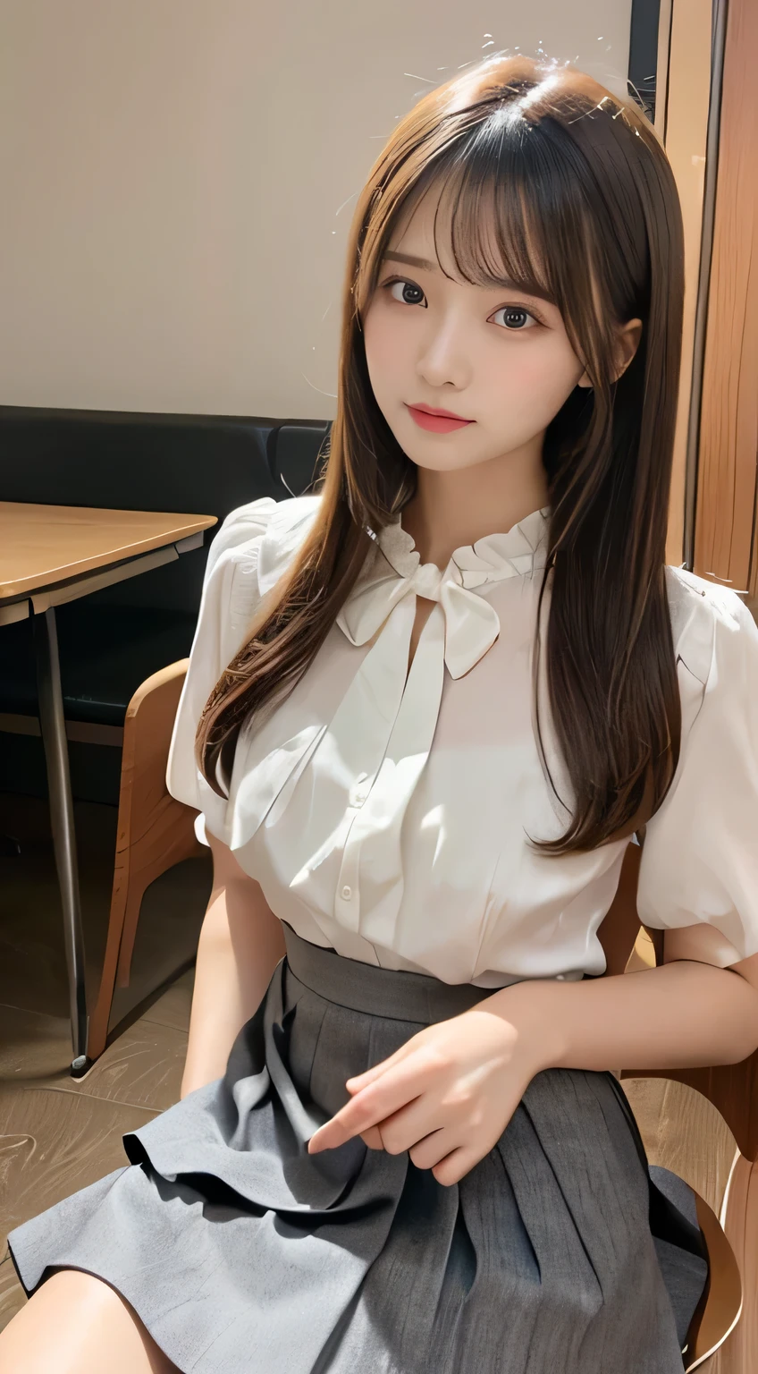 top quality with full nudity behind, Masterpiece 、 actual photo 、The most beautiful girl in the world 、 Cute looks、 slender 、 perfect beautiful face in a private house 、 perfect and beautiful eyes 、 perfect and beautiful double eyelids 、 Fashion Model 、 Cute looks、 light brown hair 、( Japanese high school girl、 white blouse、 high waist with her、Gray ruffle skirt、Clothes that make you lose your virginity、 metallic straight hair、 midi skirt、Cafe、 sitting on a chair、Date:1.3)、 Thin Waist