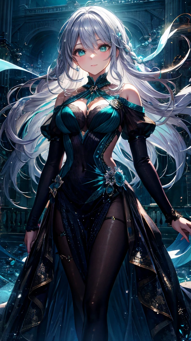 gothic cyan priestess in midi skirt, satin, fur, (stockings), decollete, natural breasts, slim body, zettai ryouiki, medium length hair, beautiful detailed eyes, portrait, most realistic, highest quality, best pixels, 8k ultra