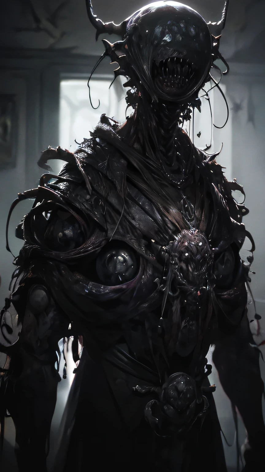 a corrupted humanoid monster, horror creature, nightmarish abomination, mutant humanoid, twisted and deformed figure, malformed anatomy, grotesque and unsettling, dark and twisted, ominous presence, sinister and foreboding, gothic and supernatural, chiaroscuro lighting, dramatic shadows, muted color palette, gritty and grungy, highly detailed and intricate, masterful rendering, cinematic composition, striking and unsettling, (best quality,4k,8k,highres,masterpiece:1.2),ultra-detailed,(realistic,photorealistic,photo-realistic:1.37)