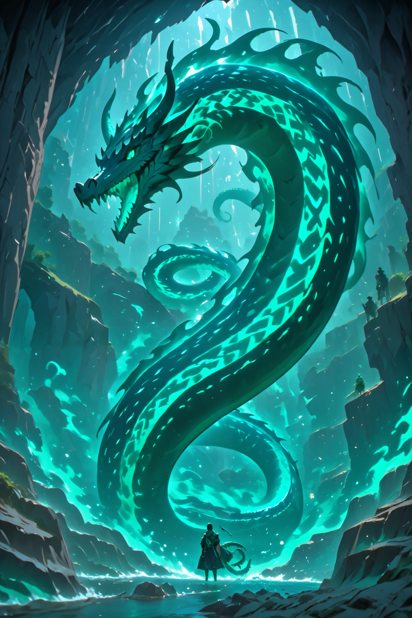 Great sea serpent with a dragon head inside a cave, ocean green colors,