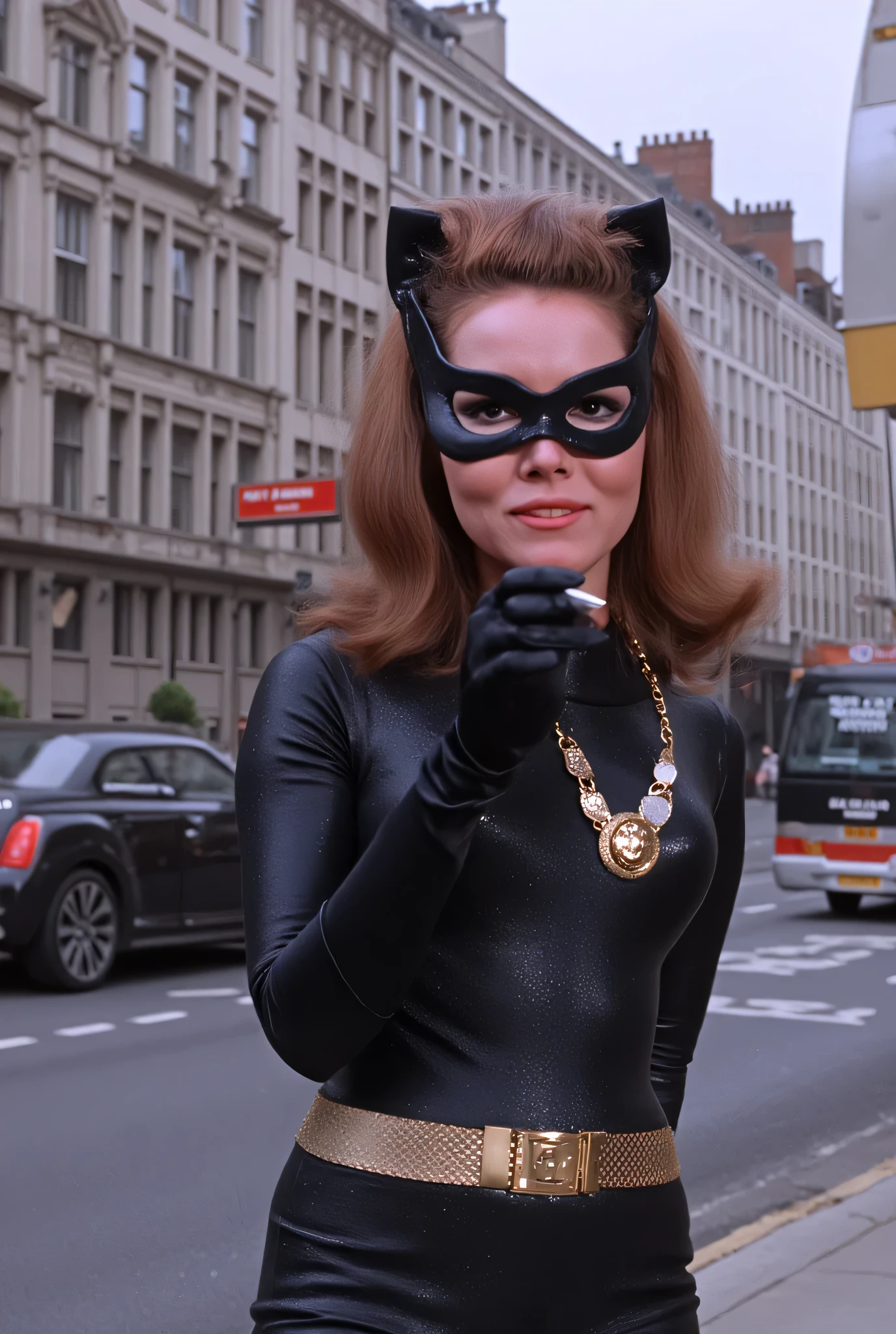 Diana rigg wearing emma peel catsuit, wearing black eye mask, wearing black leather knee high boots, full body shot, 1966 picadilly circus.