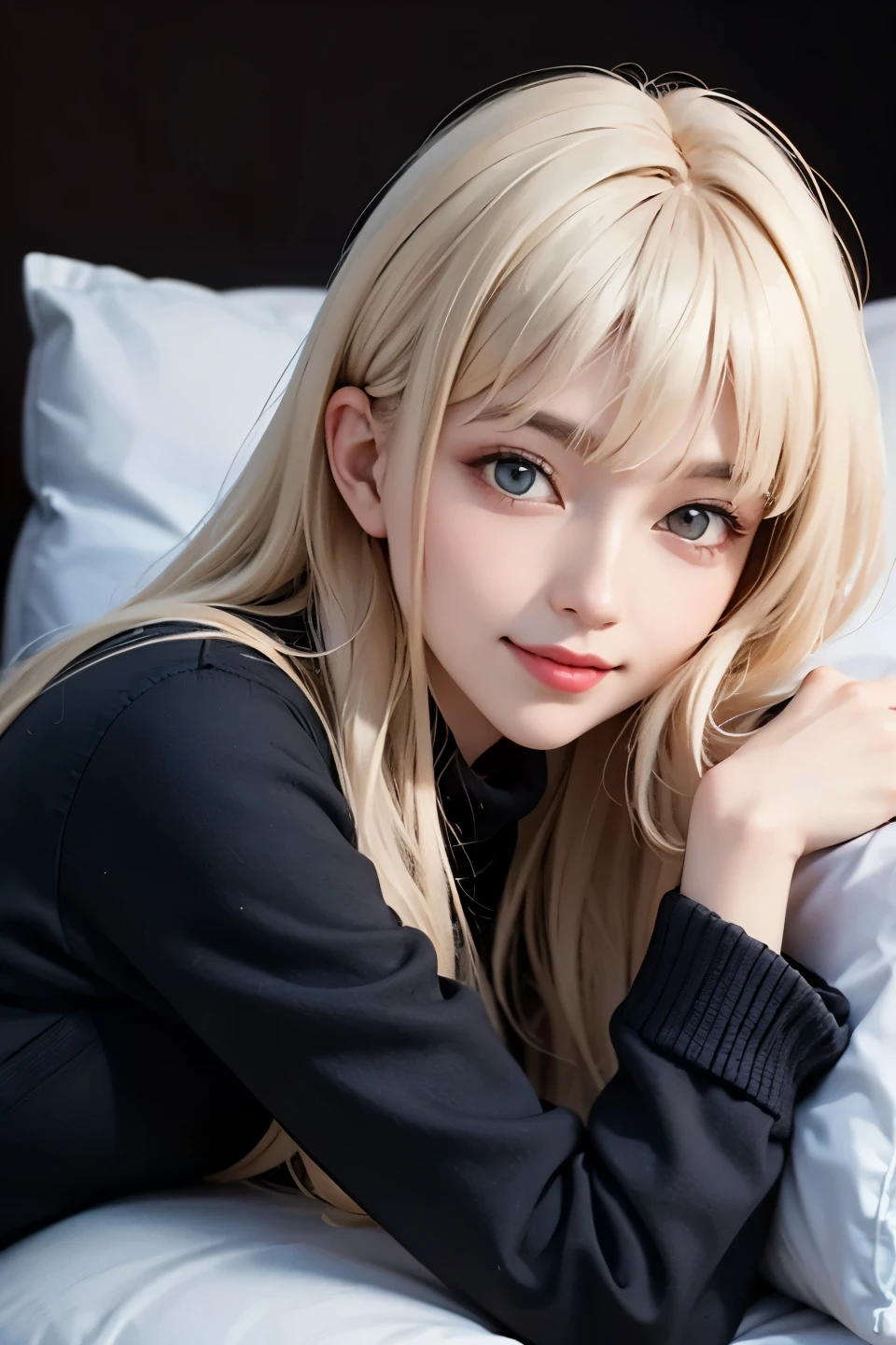 top quality, hd ,4k , high contrast , semi-realistic, 1lady, solo, smile, casual, long hair,long light platinum blonde hair, bangs, blue coat, gray naked sweater, moonlight, unique, Lying down, hugging pillow