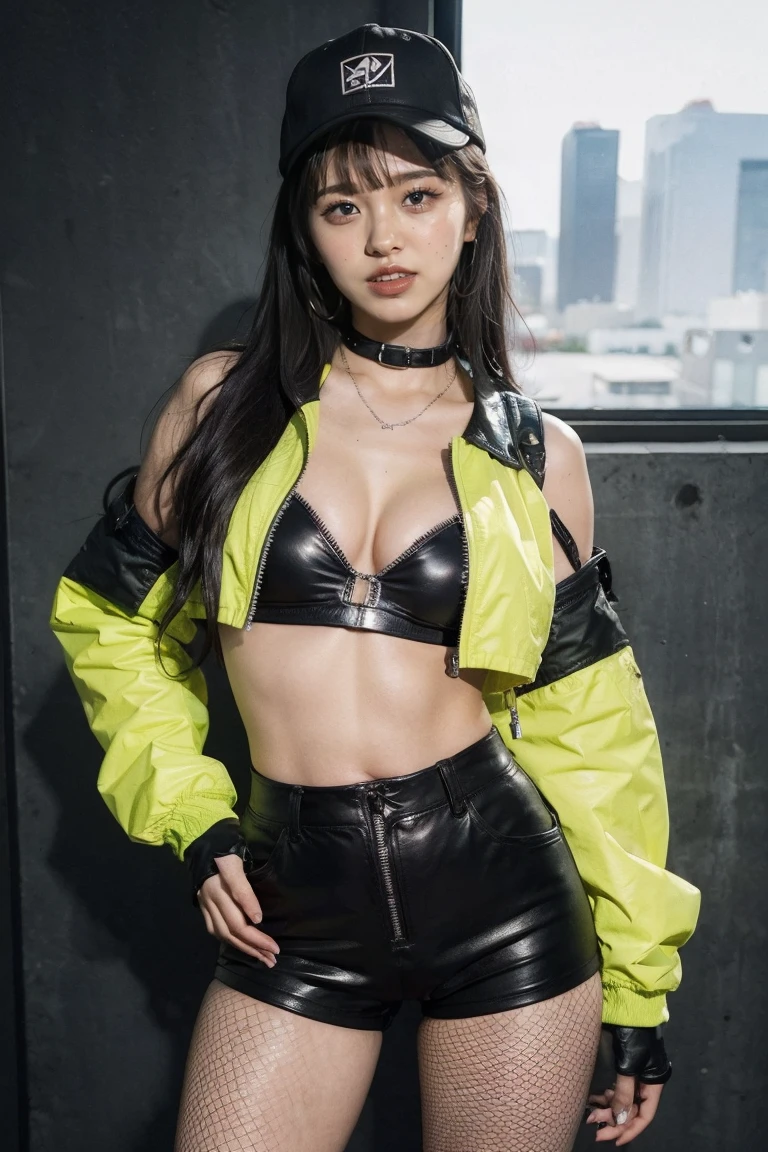 (((medium full shot))), (Masterpiece, photorealistic, photorealism, best quality, ultra-detailed:1.3), (nice hands, perfect hands), official art, cinematic light, (1girl:1.3), naughty face, asymmetrical legwear, thigh strap, tanlines, bikini, detailed backround, looking at viewer, eye eye contact, strong blush, shevenom, corruption, claws, corrupted, dark lips, smirk, navel piercing, black corset, glowing yellow eyes, big smile, chained, chained wrists, tanned, comic cover, comic, floating heart, chaines, chained, chained arms, movie poster, black hair, multicolored hair, white hair, long sleeves, navel, jewelry, earrings, midriff, pants, necklace, hair over one eye, crop top, tattoo, makeup, black pants, cross, gothic, leather jacket, leather boots, on leg up, skyscrapers in the background, city