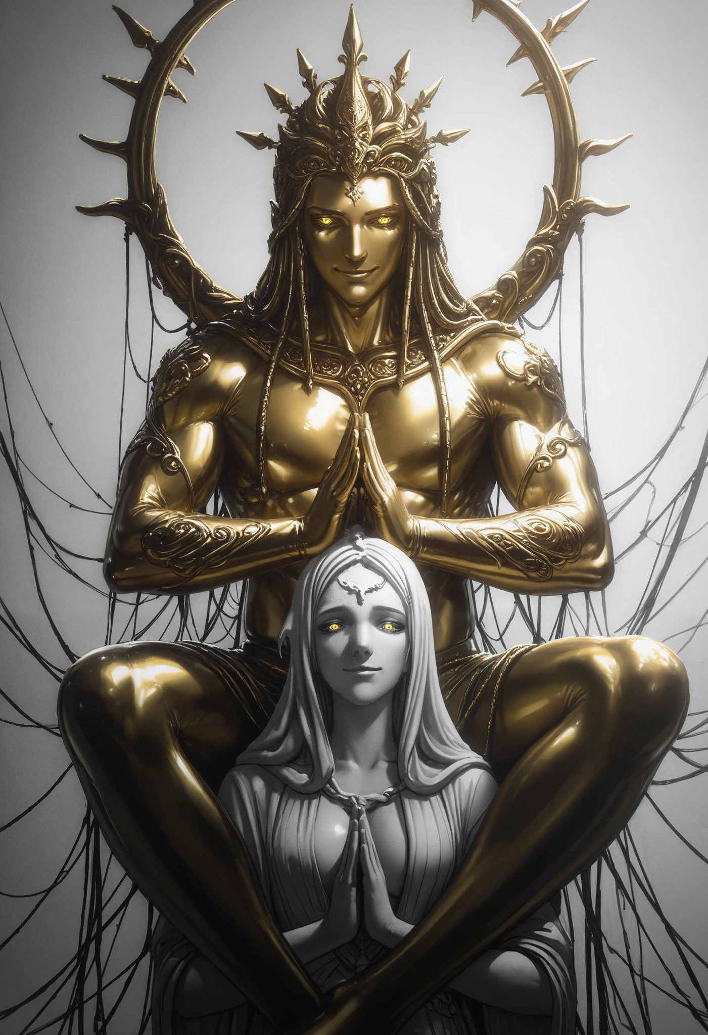 Golden Giant , eyes opening ,Ojos Dorados , ( implacable face ), hands together in prayer position ,monochrome background, grayscale,Shiva \(dios hindú Shiva\), shiny golden figure on background , ringed eyes, lotus potion meditating , statue of a thousand arms a thousand eyes on his back , Shuang Lin Monastery of Shan Lian . Guan Yin Dian . Statue of the thousand arms of the Bodhisvattva Avalokiteshvara, from the front, watching the viewer, wry smile, bright yellow eyes , feet from the bottom, looking down , obra maestra, the best quality, amazing quality, sketch, unfinished, messy line drawing , horror \(style\),:1.2), \(nr kura \):1.2),(Golden Skin )