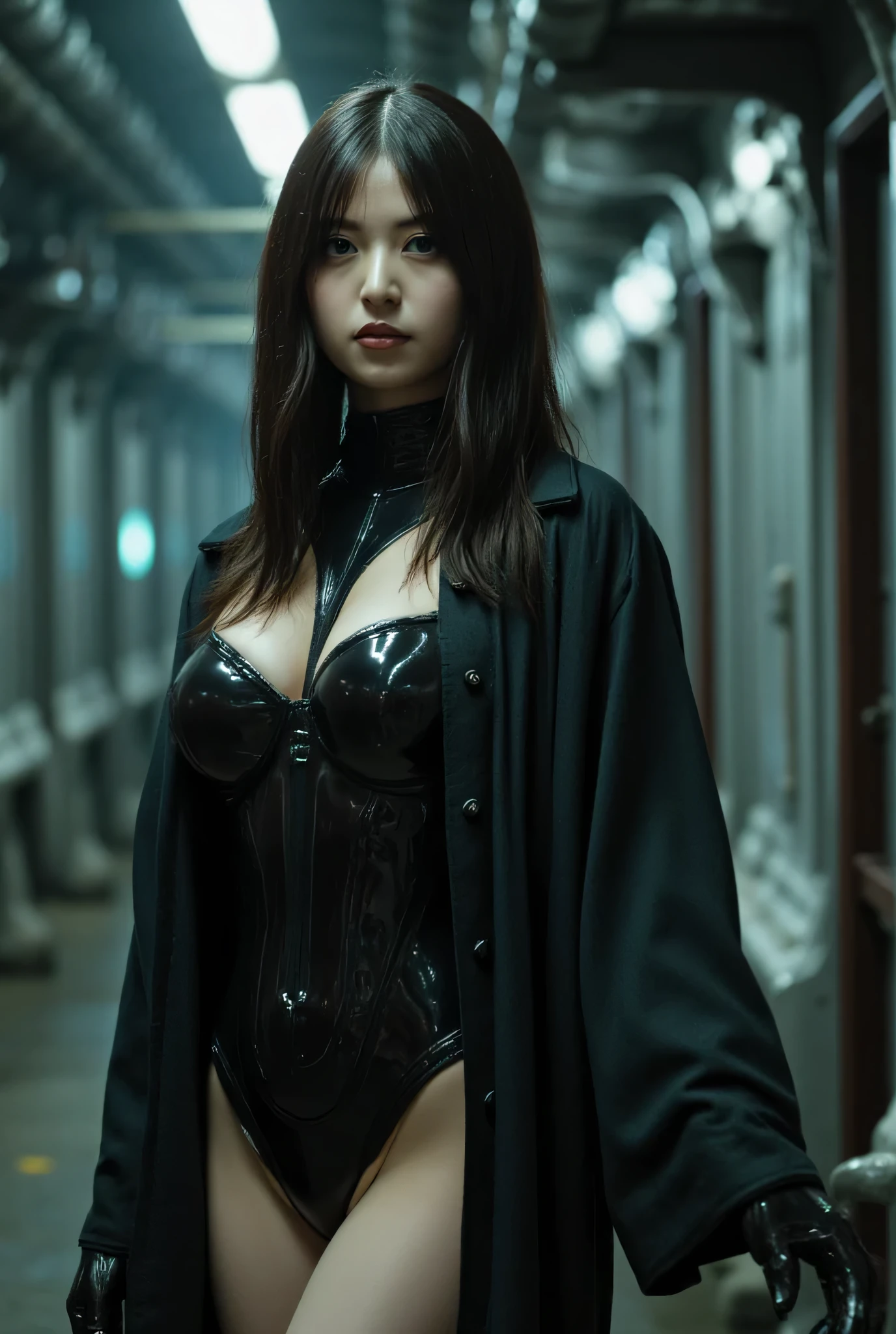 (((The dark interior of the Nostromo ship :2.0))),((( HR Gigger Style Cyberpunk Atmosphere :2.0))),(((Hold up the Star Wars green lightsaber:2.0))), Combat posture,((whole body:2.0)), one woman,( cute face),(Beautiful well-balanced face ),(( natural big breasted :2.0)),( black hair:1.5),( beautiful eyes:1.3), glamorous shot of a 20-year-old Japanese woman , Slender Beautiful Body ,(( model body type:2.0)),(( slim body with hot water:1.7)), perfect body line , Ideal Proportions ,(( big breasts:2.0)),((F cup breasts:1.5)),(Big Breasts:1.7),Bare thighs, sensual thighs, delicate body,( Muscular:1.7),A harmonious posture,((Realistic breast depiction :1.7)), carefully depicting limbs based on perfect anatomy,((Wear a samurai kimono-style military coat with an open front over a black super high-leg leotard :1.5)),(( is a super high-leg leotard made of camy-style latex that fits the body:1.5)),(( leotard that holds a Japanese sword style lightsaber:1.5)),(ear monitor:1.5),((Tactical Holster:1.5)),( gloves:1.3), Concept Art,( top quality:1.5),( Masterpiece:1.5),(Super high resolution),resolution,UHD,( delicate depiction), carefully drawn with butterfly wings ,32K,(( realistic skin texture:1.5)),((( super realistic:1.5))), eyelashes, very detailed face,Highly detailed female hand,Sexy appearance,Very sensual,(Blurry Dim Backgrounds :1.5), Professional Photoshoot,( Movie Lighting:2.0),(( Blade Runner Style Lights :2.0))